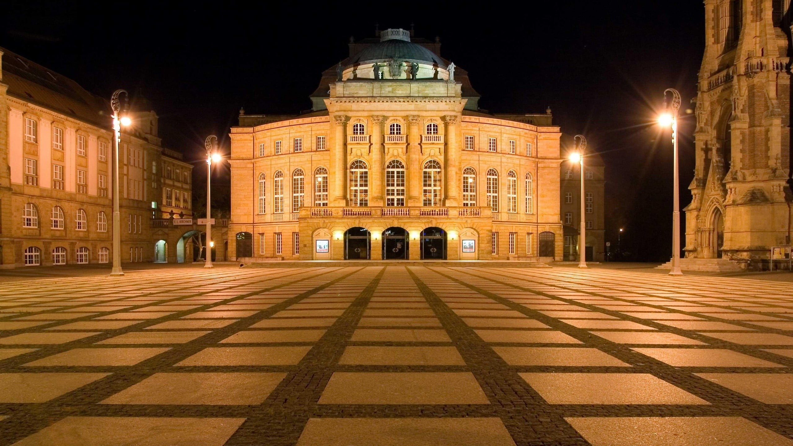 travel destinations, brown, 2K, architecture, built structure, no people, lighting equipment, history, Chemnitz, building exterior, concrete, city, illuminated, HD Wallpaper