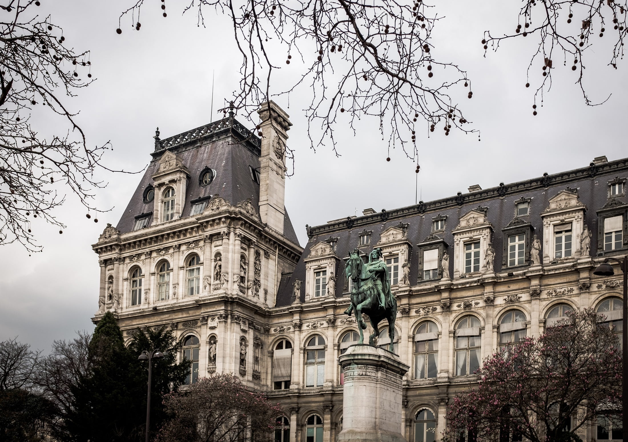 tree, tourism, building exterior, paris, equestrian, historical, architecture, built structure, france, europe, 1080P, low angle view, sky, hotel de ville, HD Wallpaper