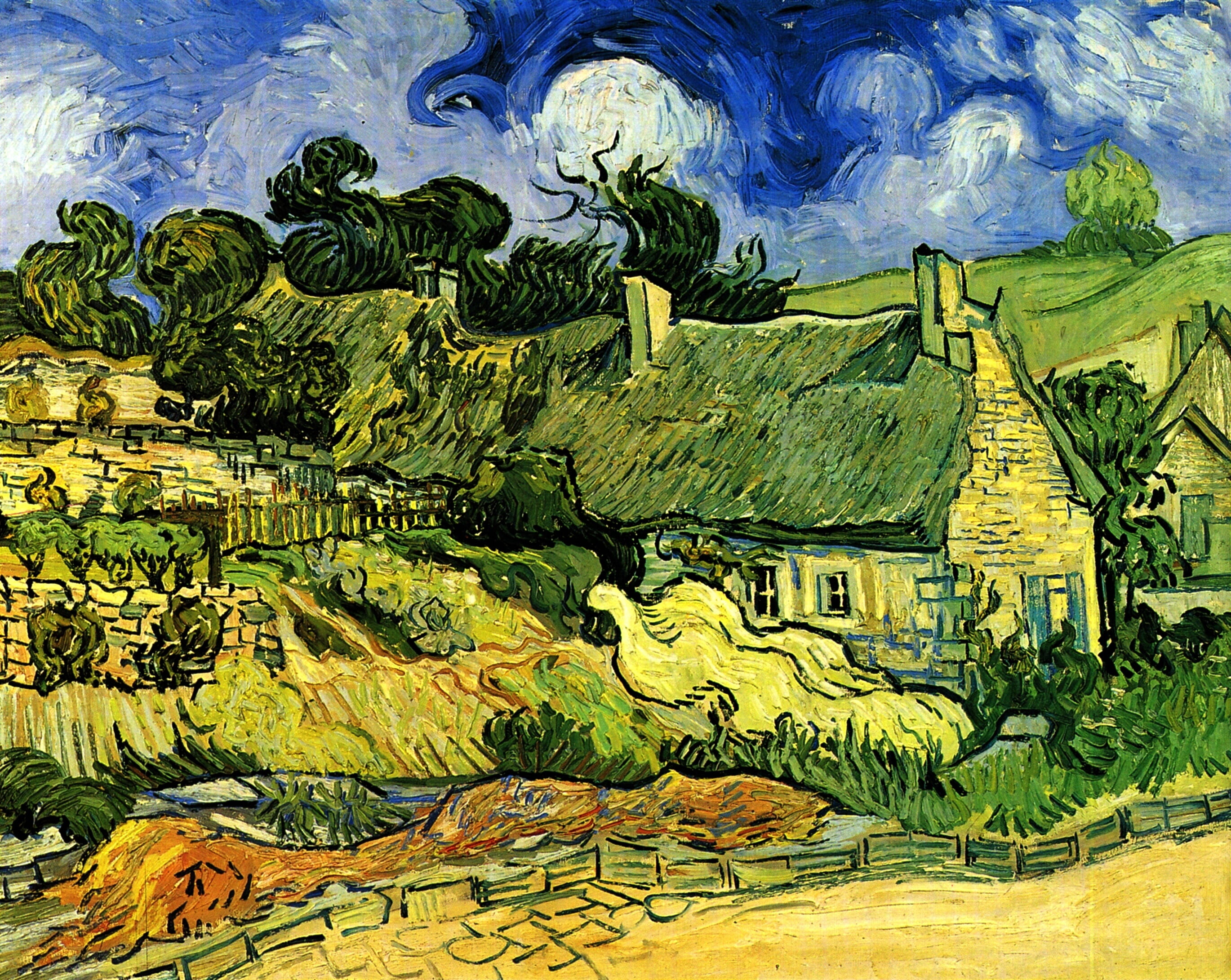 Vincent van Gogh, 2K, house, Thatched Cottages, at Cordeville, HD Wallpaper