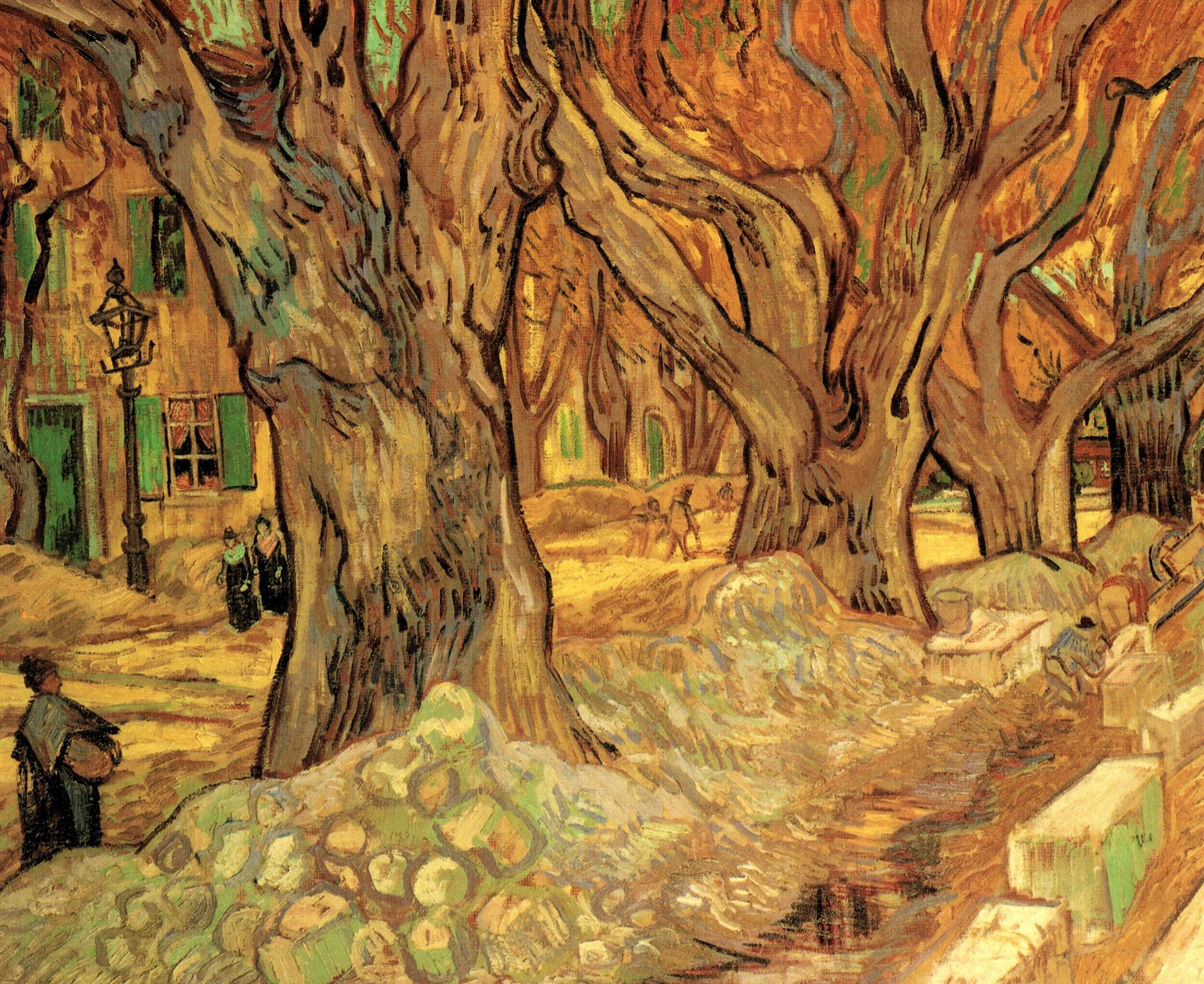 suprovici, women, Vincent van Gogh, lantern, 2K, winter, trees, The Road Menders 2, benches, HD Wallpaper