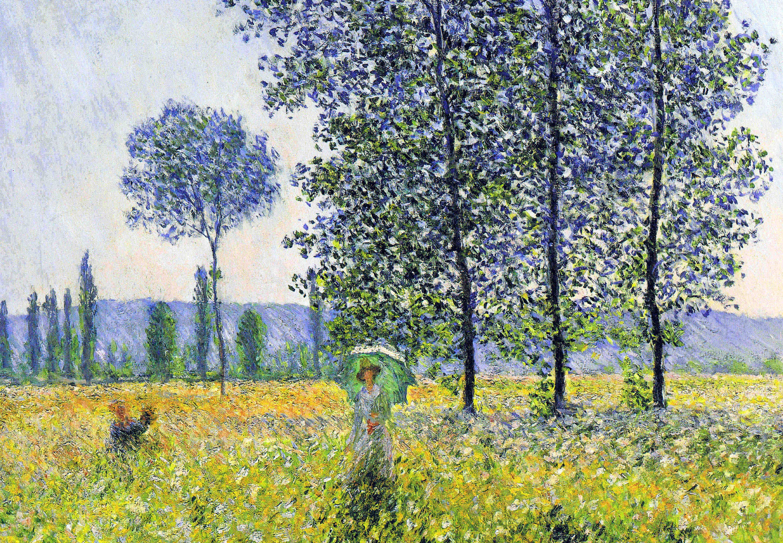 Claude Monet, landscape, meadow, Sunlight Effect under the Poplars, picture, 2K, trees, poplar, HD Wallpaper