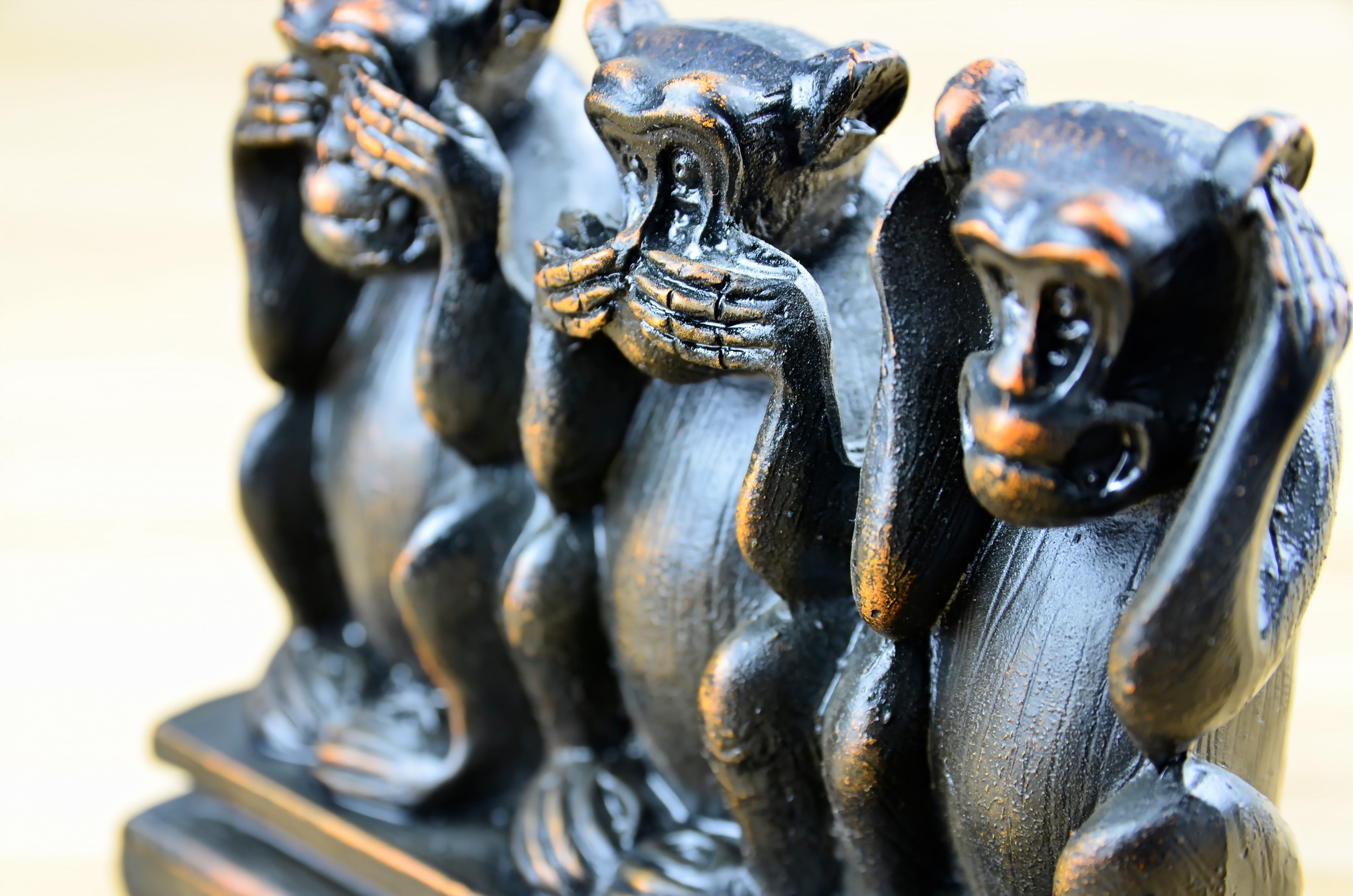 statue, spirituality, sculpture, close-up, metal, craft, outdoors, 4K, wooden figures, art and craft, no people, ancient icon, animal wildlife, three monkeys, HD Wallpaper