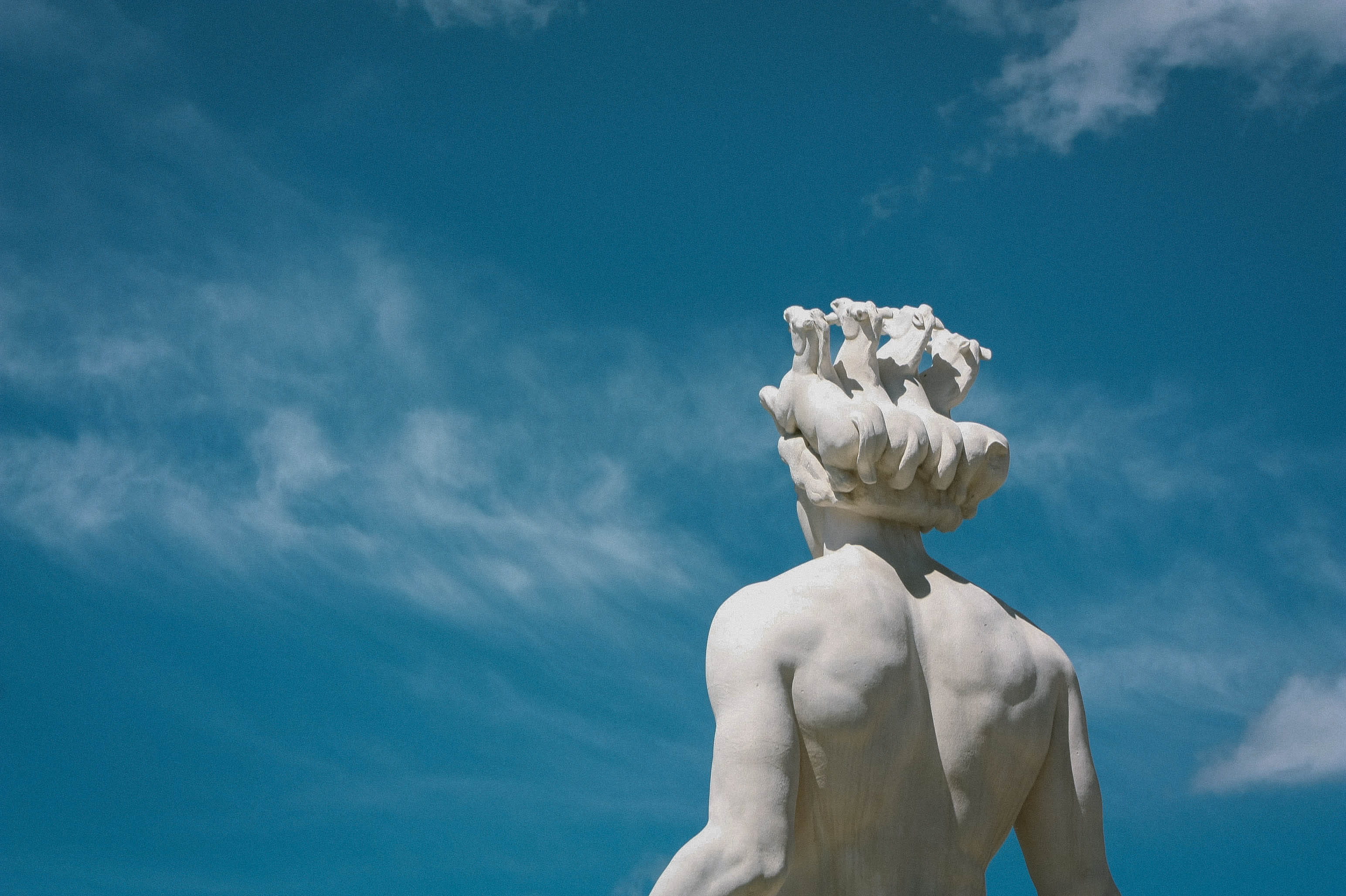 clear, daylight, day, nature, copy space, white color, rear view, no people, summer, male likeness, fine art statue, outdoors, angel, blue sky, human, heaven, HD Wallpaper