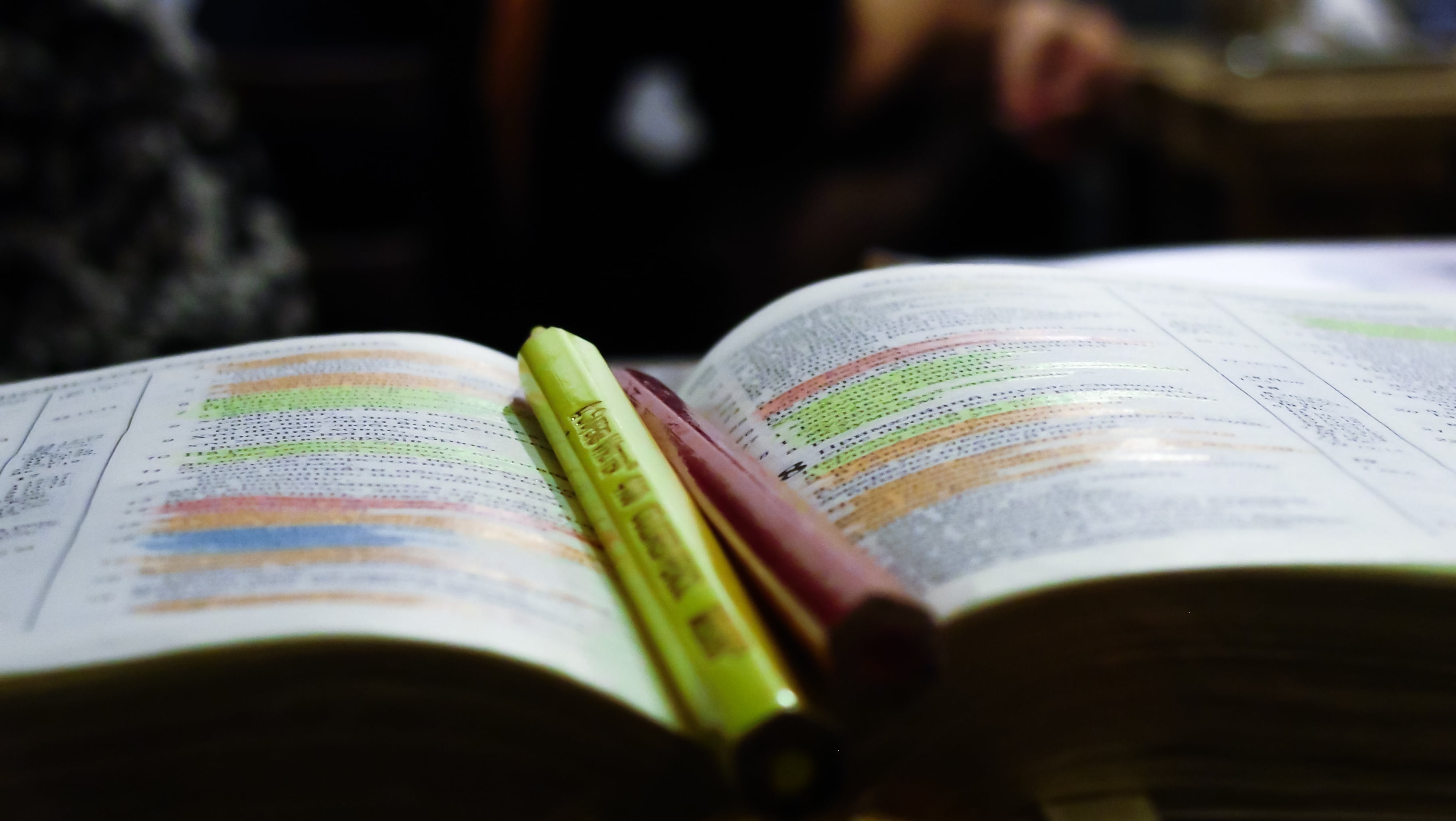 close-up, paper, textbook, pencils, page, architecture, no people, yellow, book, selective focus, blur, still life, day, open, education, newspaper, learning, HD Wallpaper