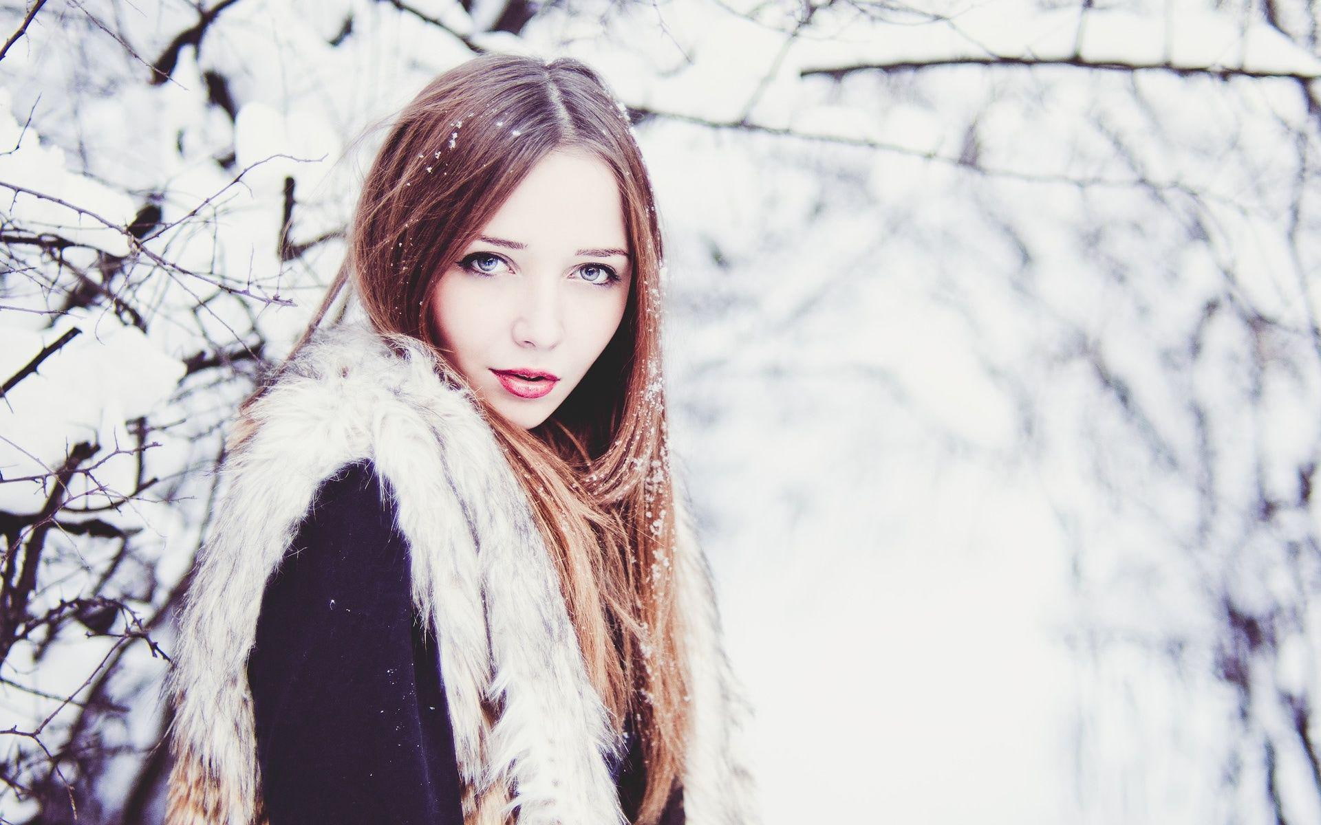 snow, women, s, 1920x1200, fur, woman, girl, 1080P, white, coat, trim, winter, girls, black, HD Wallpaper