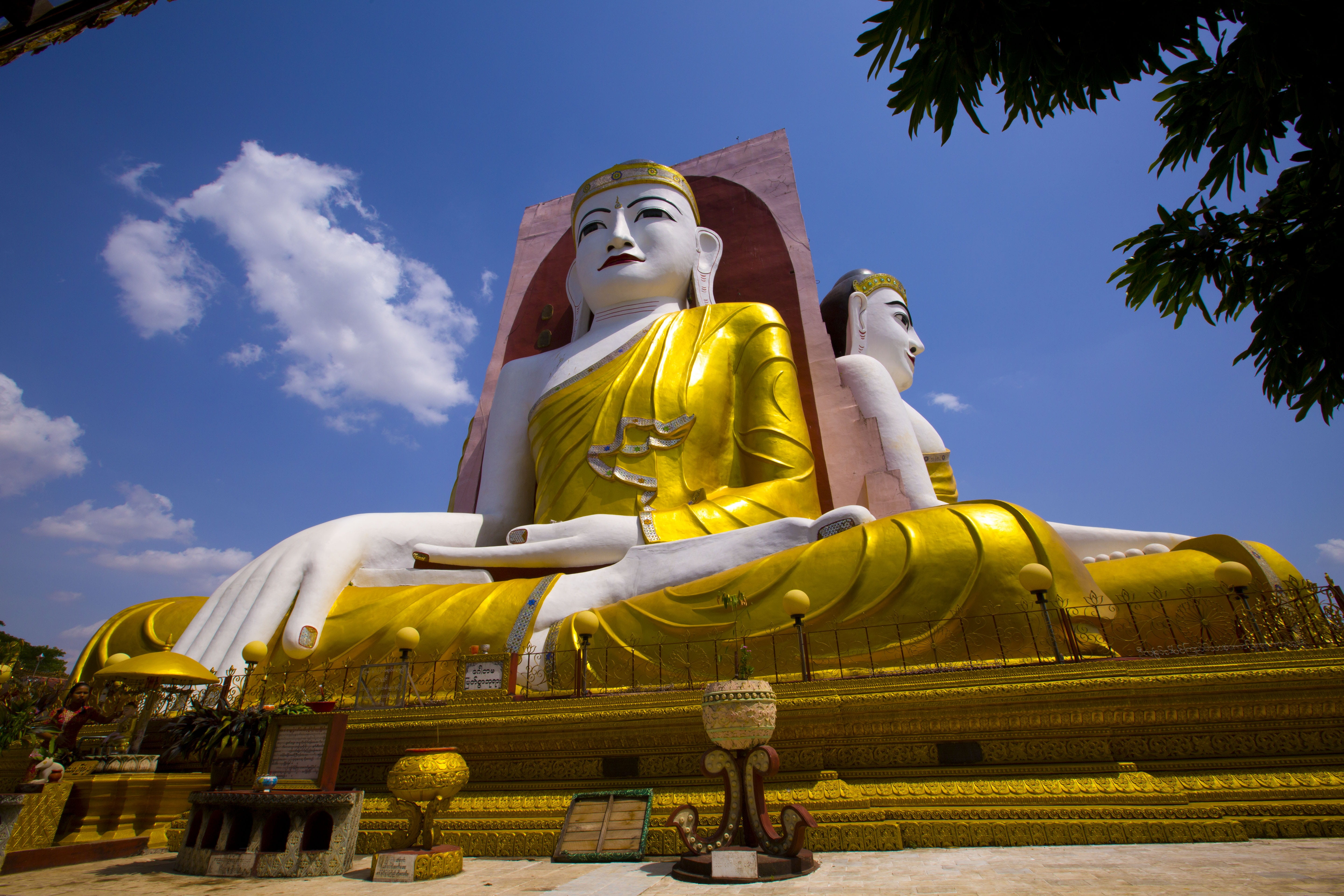 golden, god, buddhist, outdoors, representation, human representation, statue, temple, art and craft, place of worship, belief, landscape, male likeness, HD Wallpaper