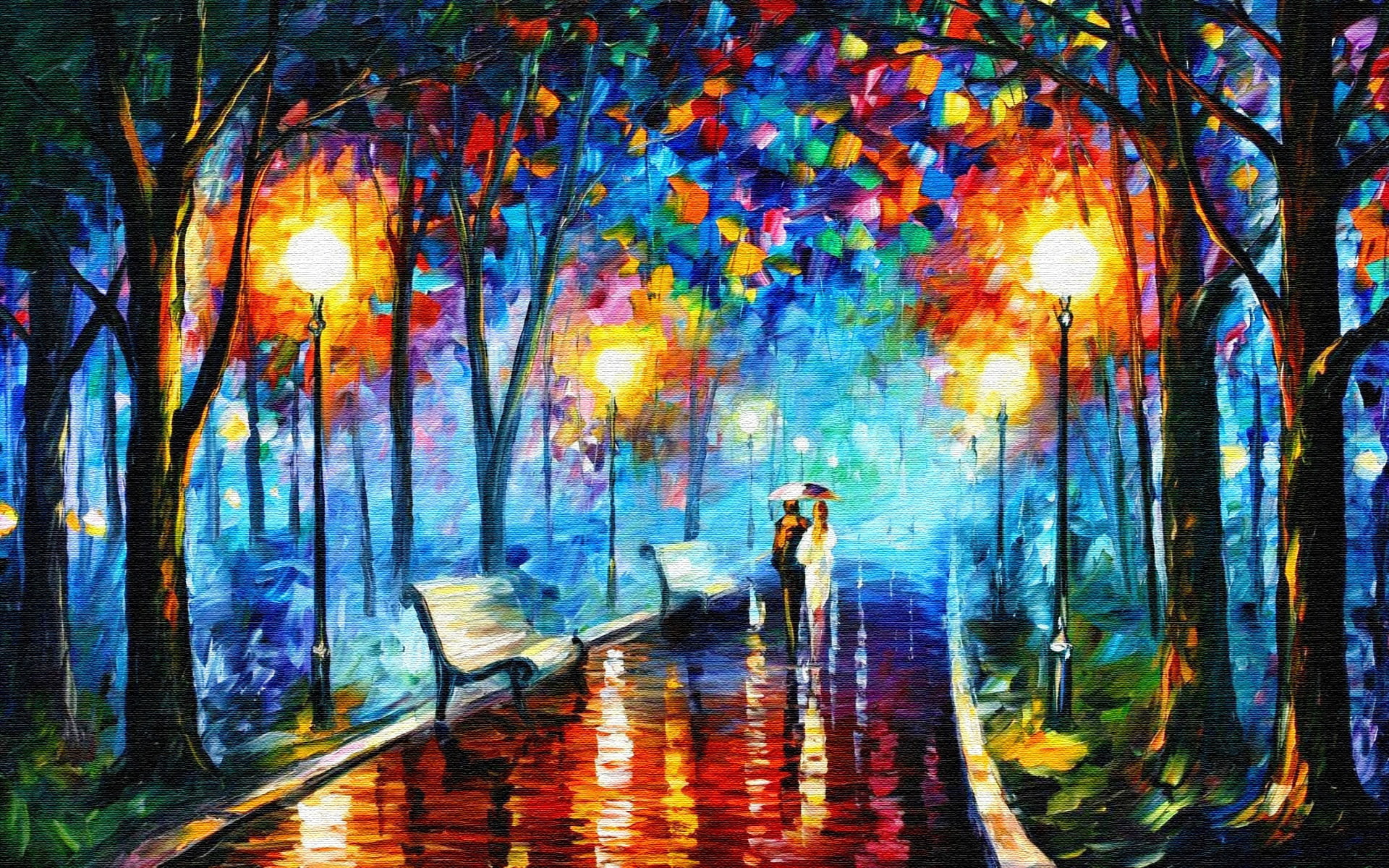 1080P, Rainy, small, Night, Watercolor, road, walking, HD Wallpaper
