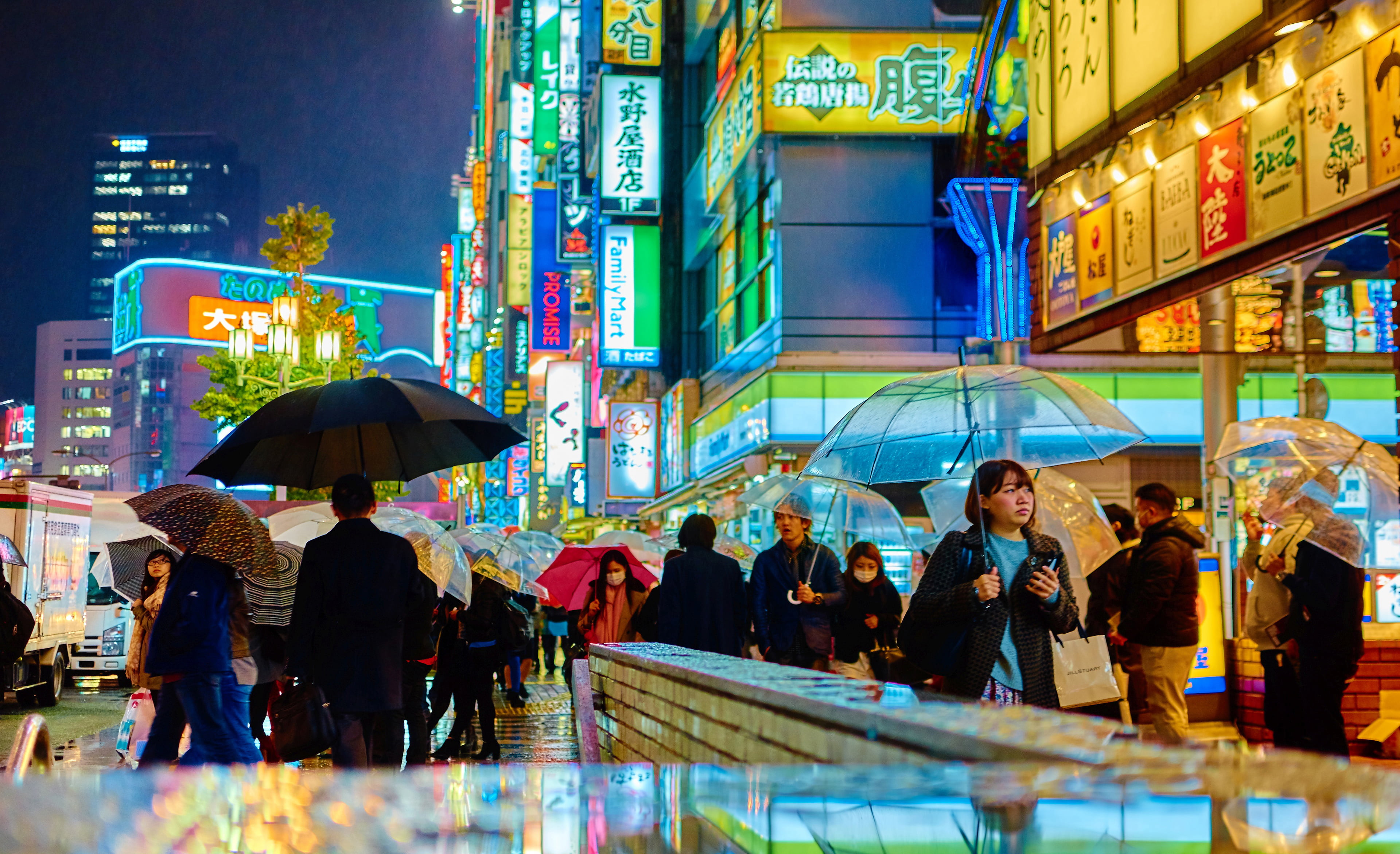 illuminated, neon, life, umbrellas, group of people, building exterior, crowd, Tokyo, city, women, night, consumerism, architecture, flowers, 4K, walking, HD Wallpaper