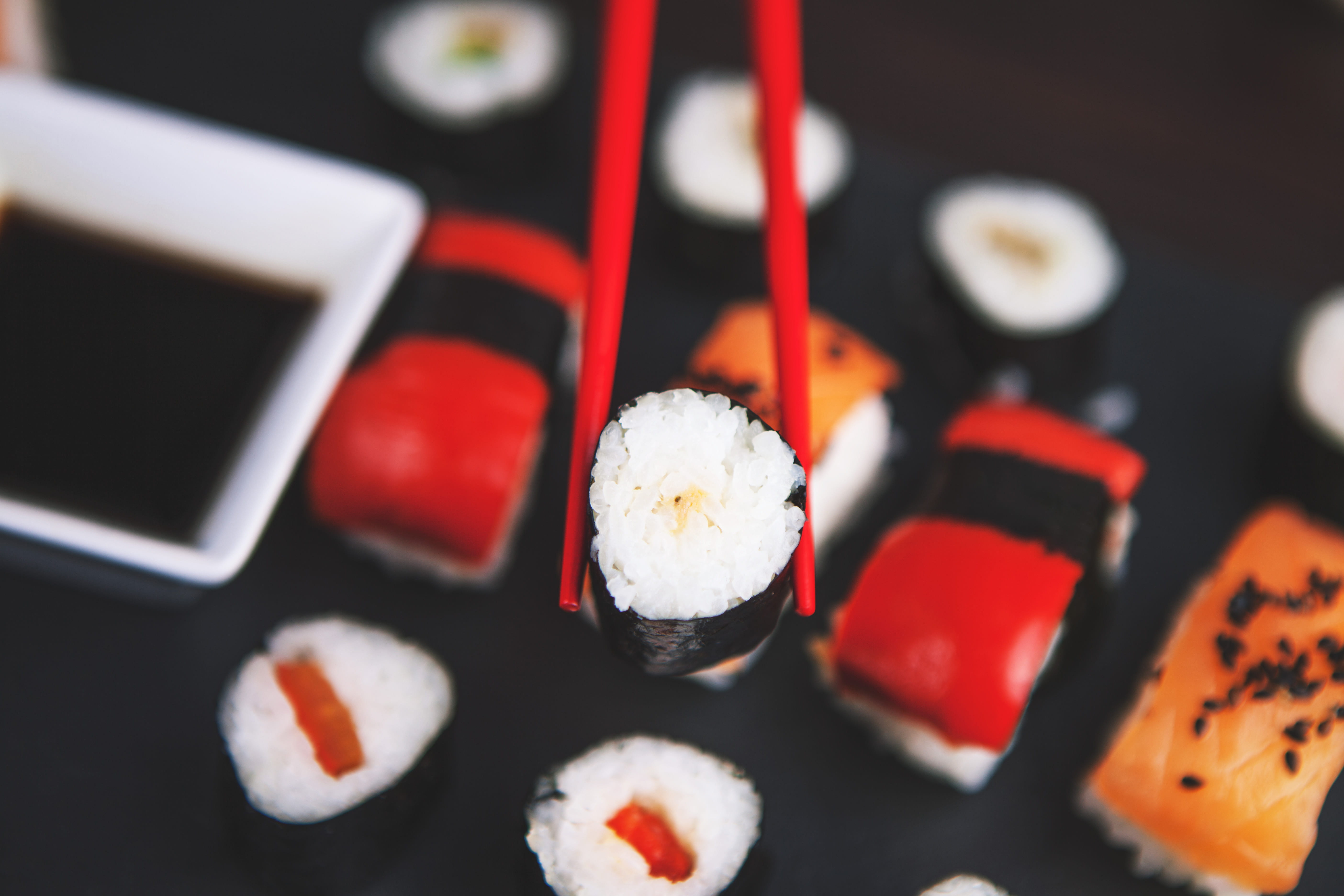 chopsticks, indoors, delicious, seaweed, lunch, studio shot, indulgence, foodporn, yummy, nutrition, sashimi, dish, eating, snack, food and drink, salmon, HD Wallpaper