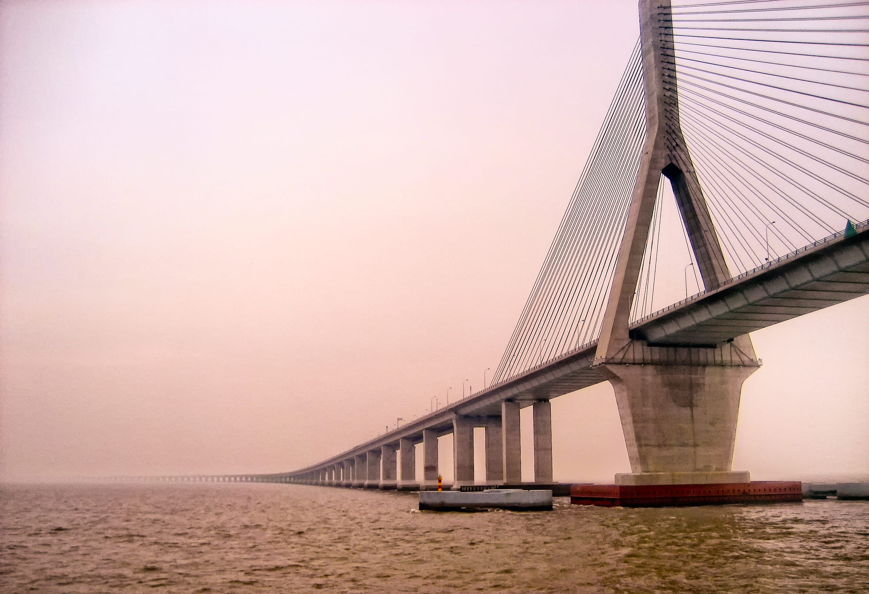 bridge - man made structure, copy space, architecture, suspension bridge, boats, sea, pillar, outdoors, transportation, travel destinations, sunset, nature, HD Wallpaper