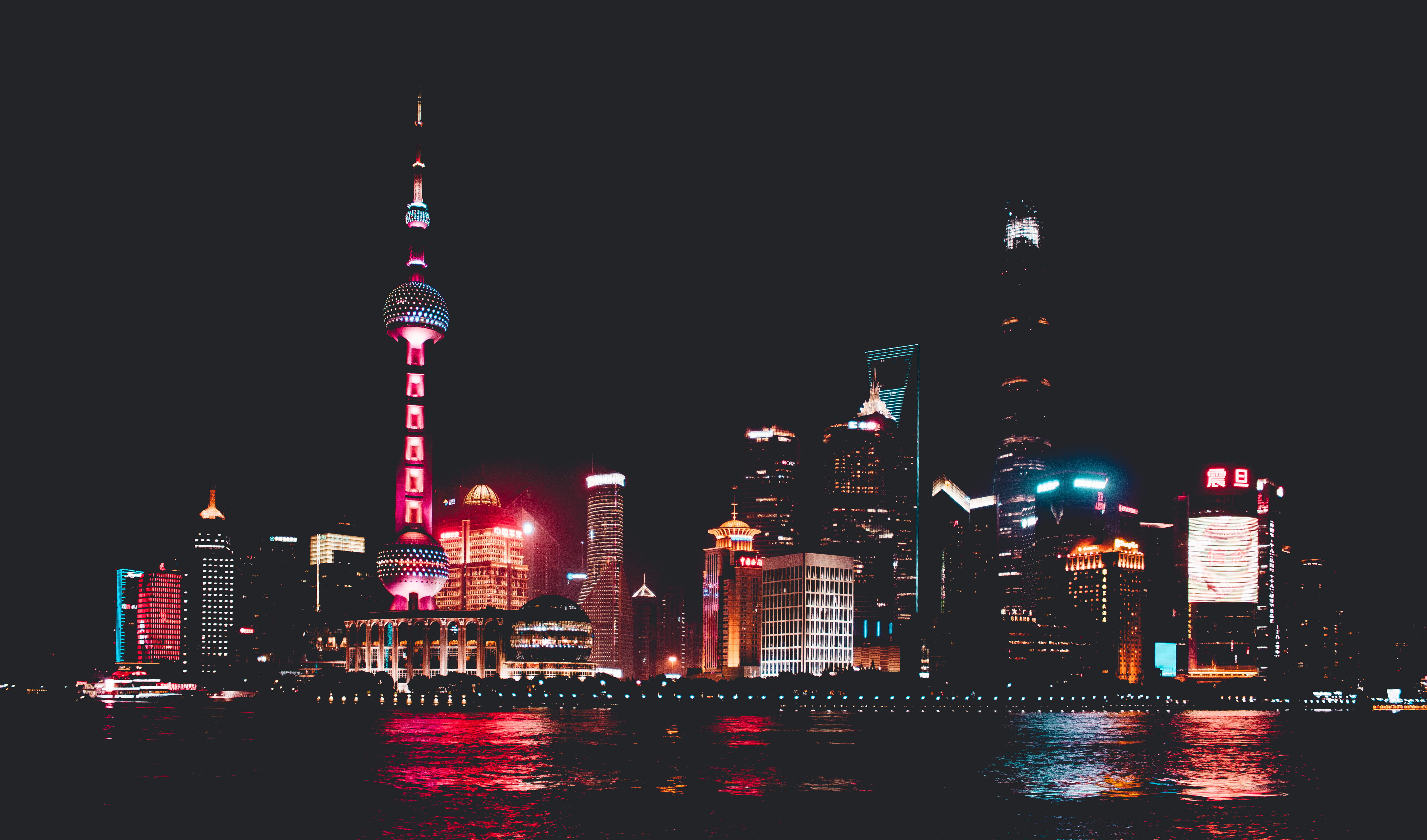 modern, sky, spire, china, built structure, 5K, tall - high, city, pudong, light, architecture, bund, water, building exterior, illuminated, waterfront, HD Wallpaper