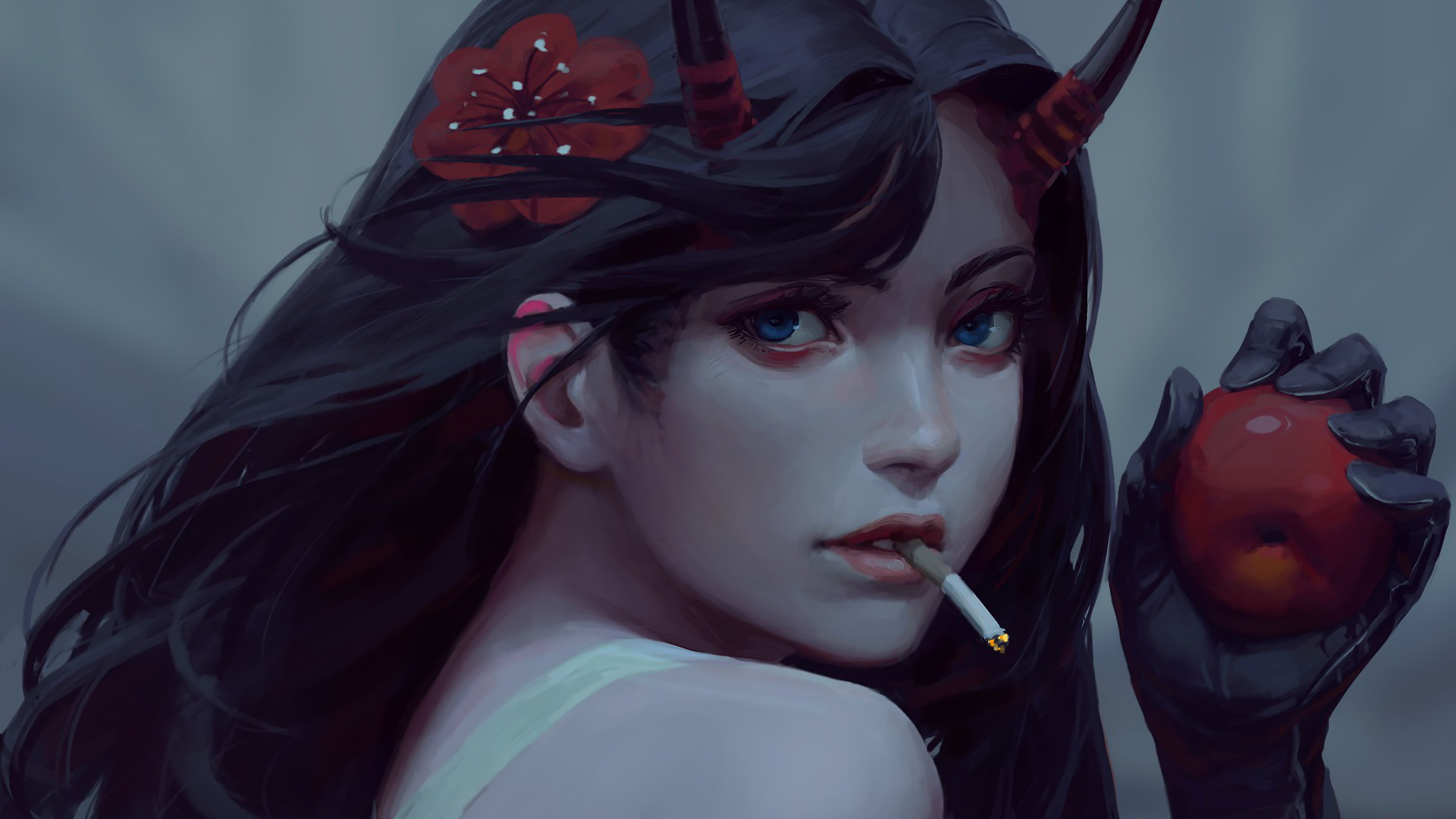 Horns, Cigarette, Smoking, Apple, Demon, Fantasy, 4K, Girl, HD Wallpaper