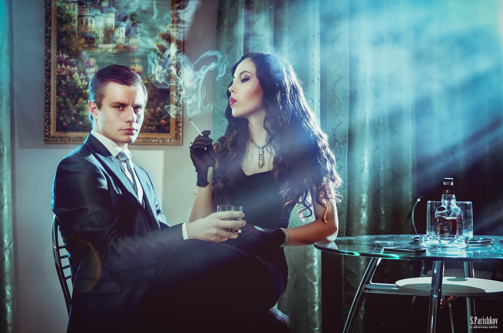 bottle, brunette, rays of light, girl, smoke, dress, guy, room, cigarette, table, picture, gloves, costume, pair, curtains, 1080P, HD Wallpaper