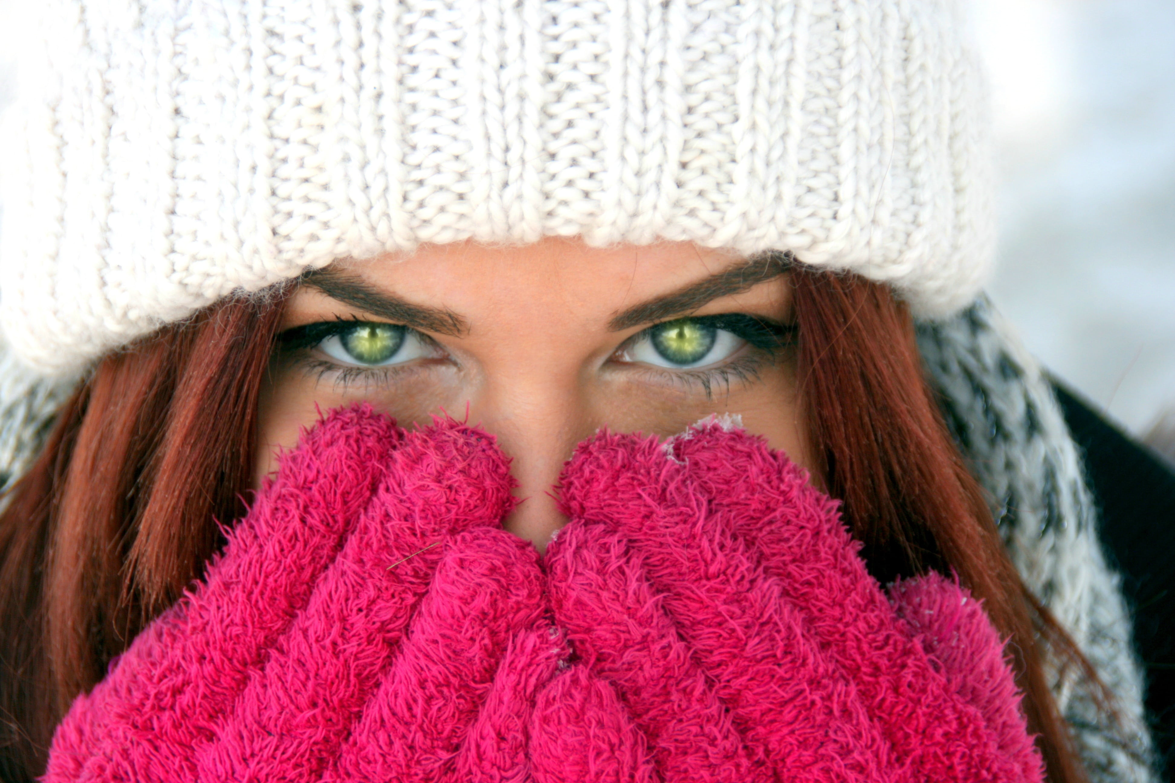 cold temperature, heat - Temperature, person, hat, wearing, scarf, close-up, females, human body part, girl, adult, body part, glove, women, beauty, snow, HD Wallpaper