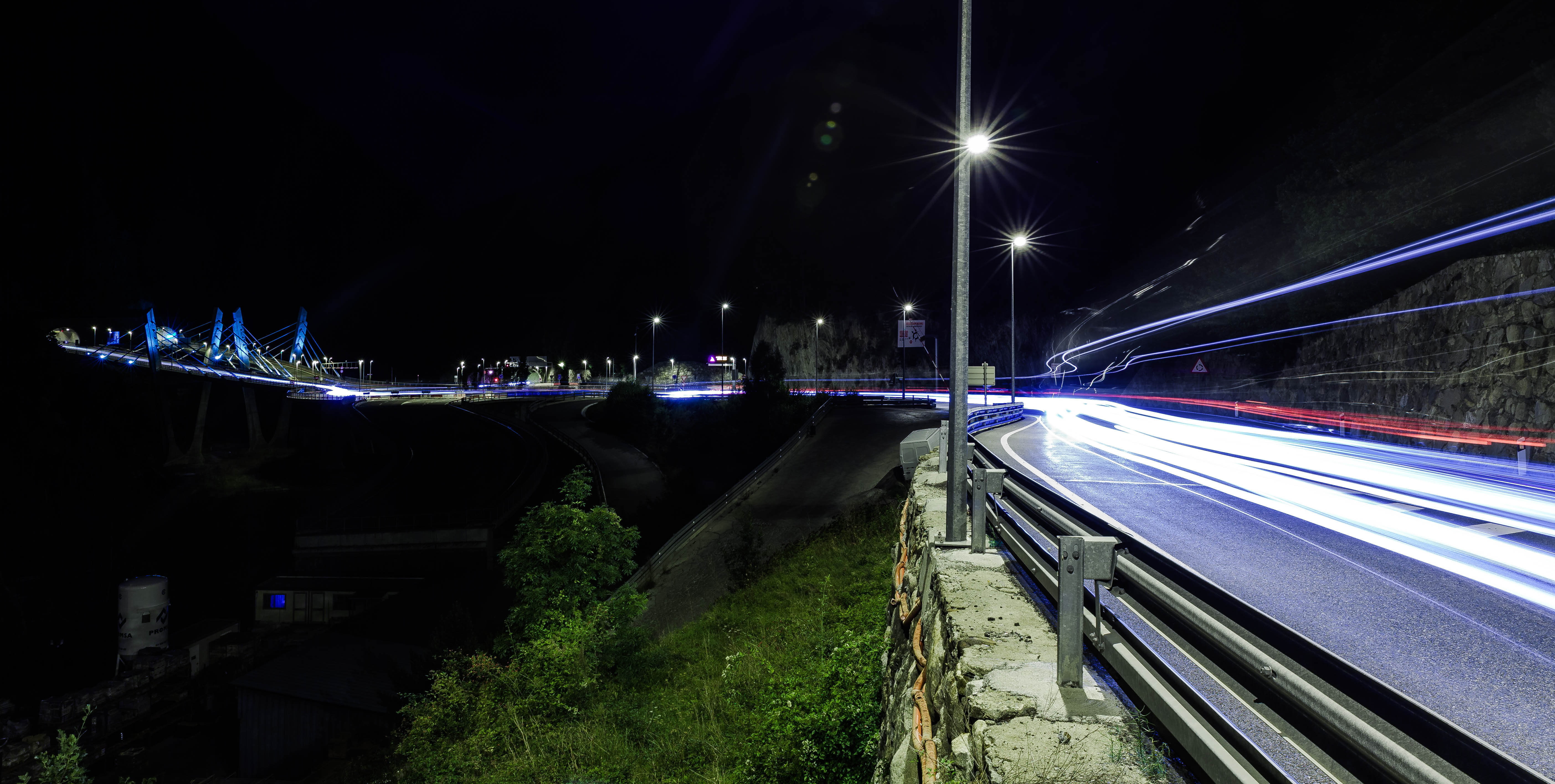 evening, road, city, blurred motion, urban, mode of transportation, night, grass, highway, trees, speed, no people, bridge, hill, transportation system, HD Wallpaper