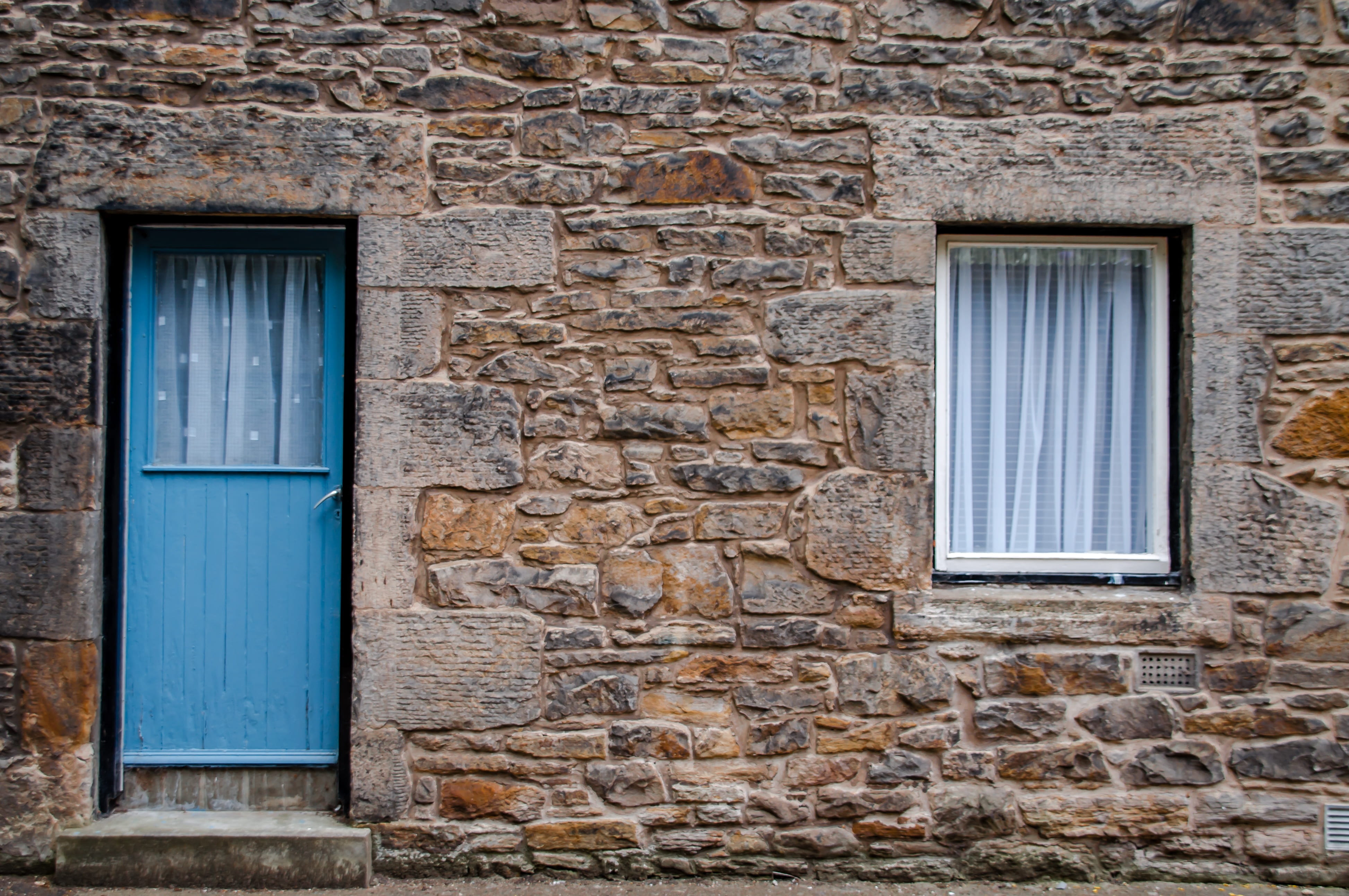 day, door, brick, entrance, wooden, blue, house, protection, building exterior, no people, 4K, built structure, stone, security, window, safety, wall - building feature, HD Wallpaper