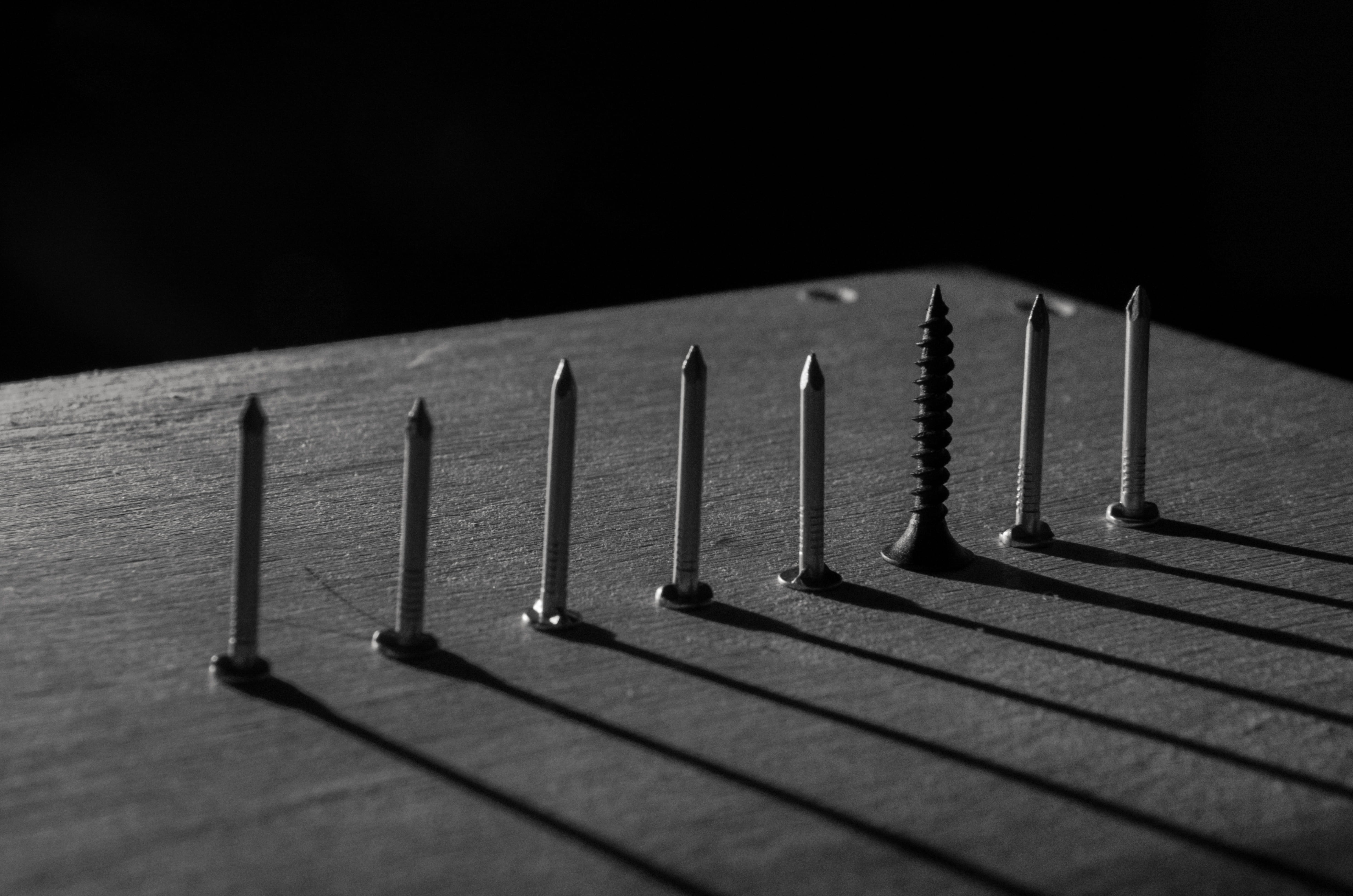 shadows, indoors, work tool, order, dark, high angle view, close-up, products, large group of objects, shadow, nails, still life, repetition, wood, arrangement, HD Wallpaper