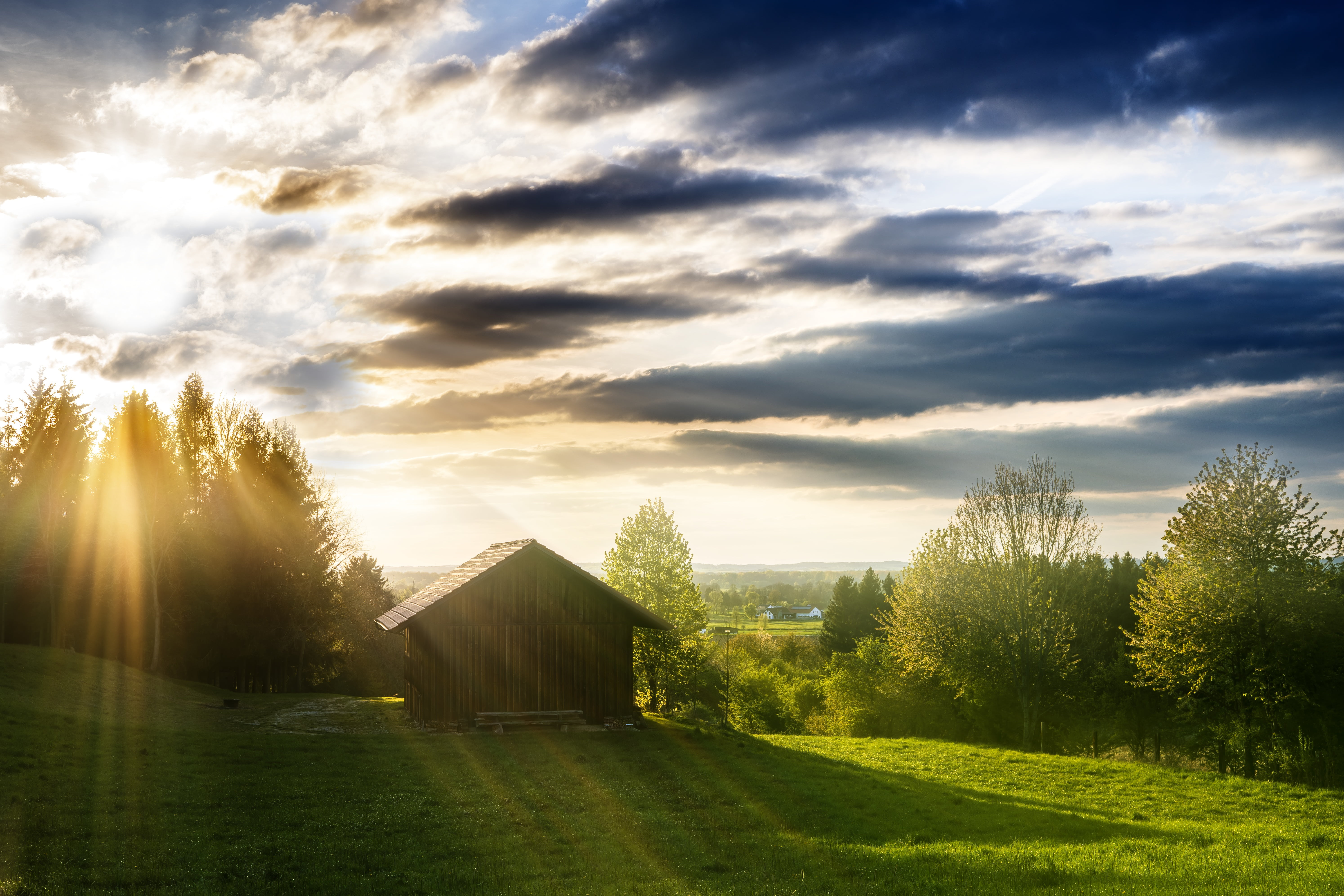 hill, lighting, dramatic, home, mood, architecture, house, land, no people, scenics - nature, light beam, cottage, tall, tranquil scene, tree, clouds, brown, HD Wallpaper