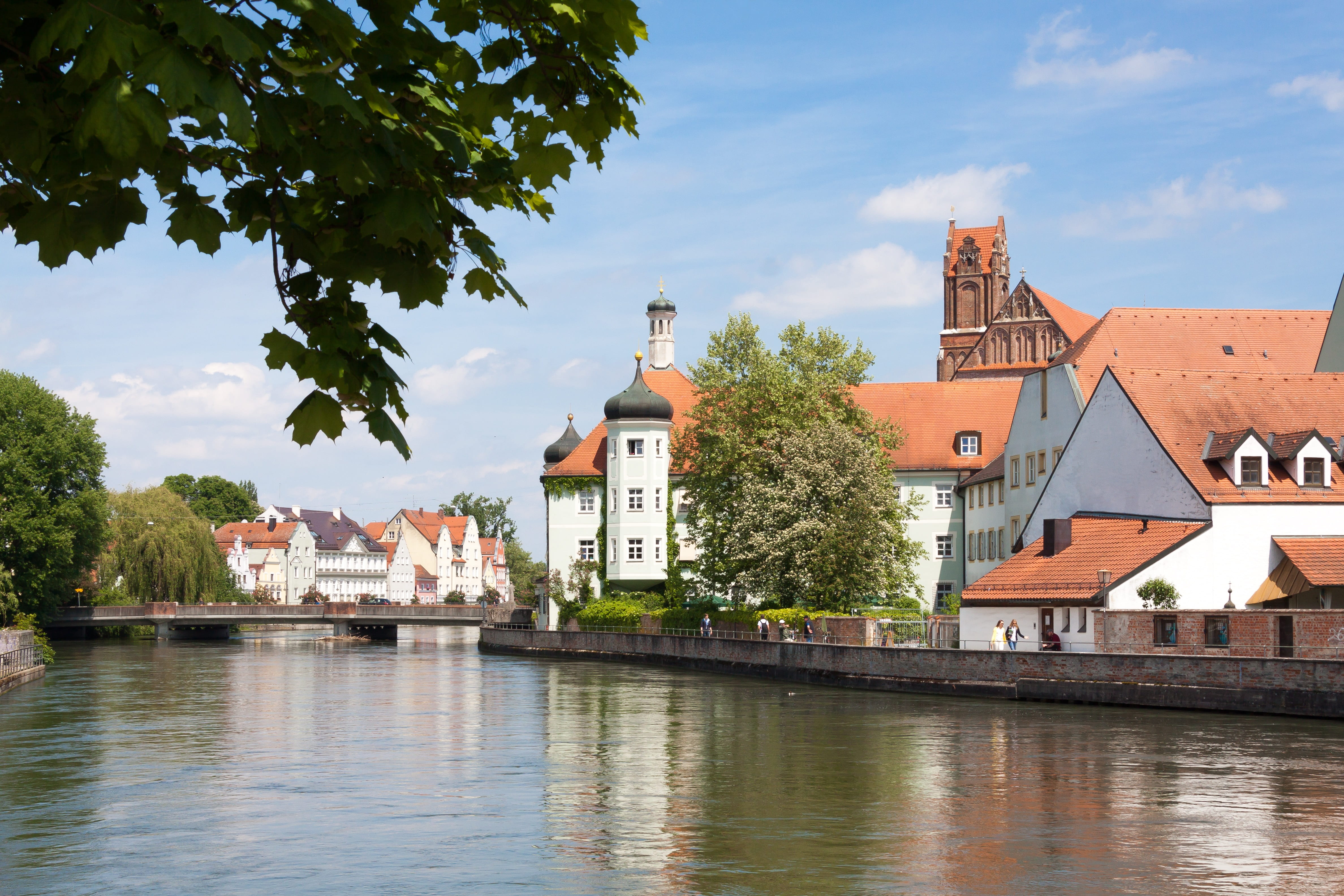 mood, romantic, cloud - sky, river, sky, mirroring, city breaks, blue, no people, white, place of worship, tower, tree, maple, bay window, old town, bavaria, HD Wallpaper