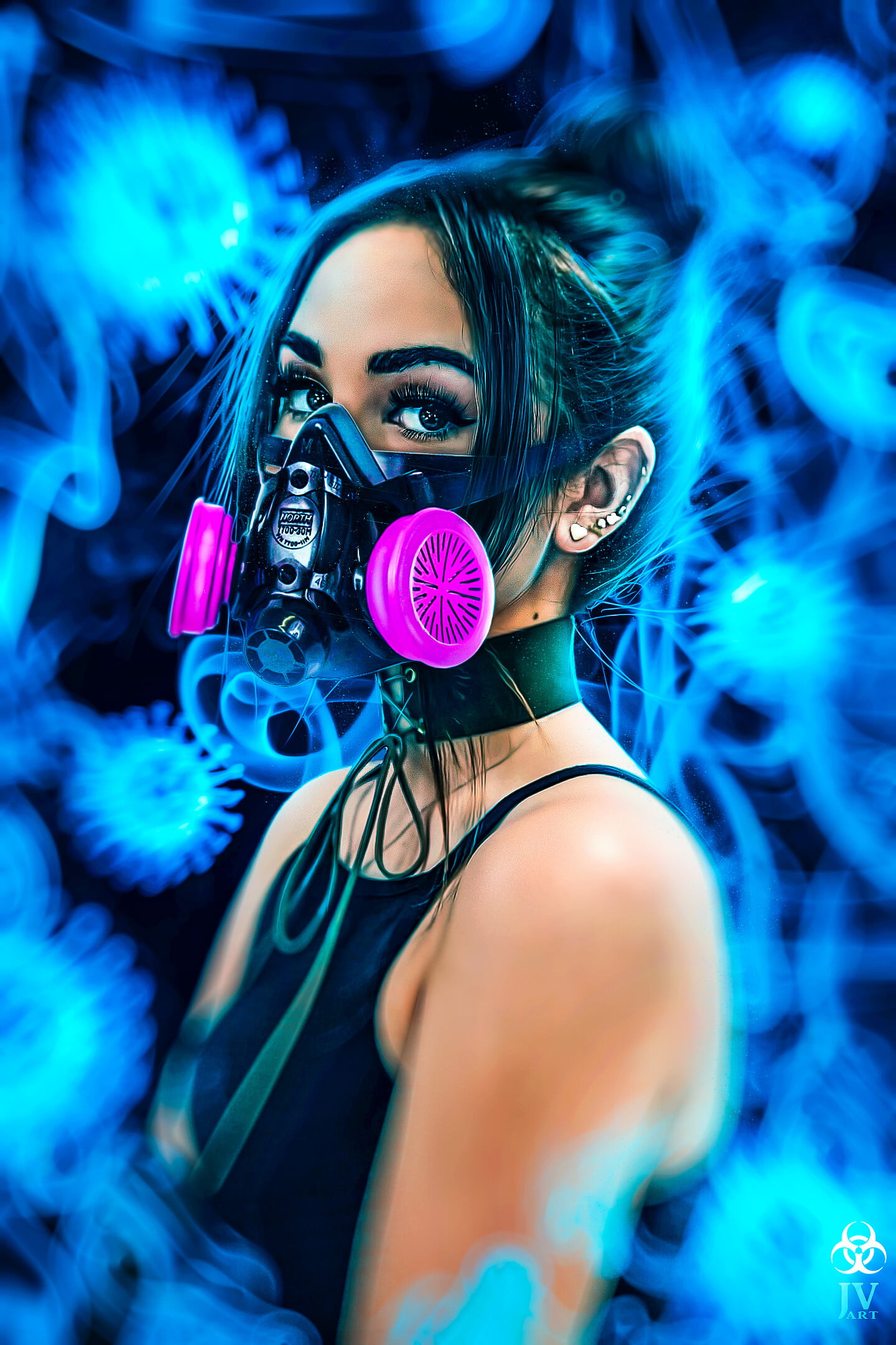 blouse, Jan Verner, mask, brunette, Photoshop, women, neon, Virus, 1080P, photo manipulation, Phone HD Wallpaper