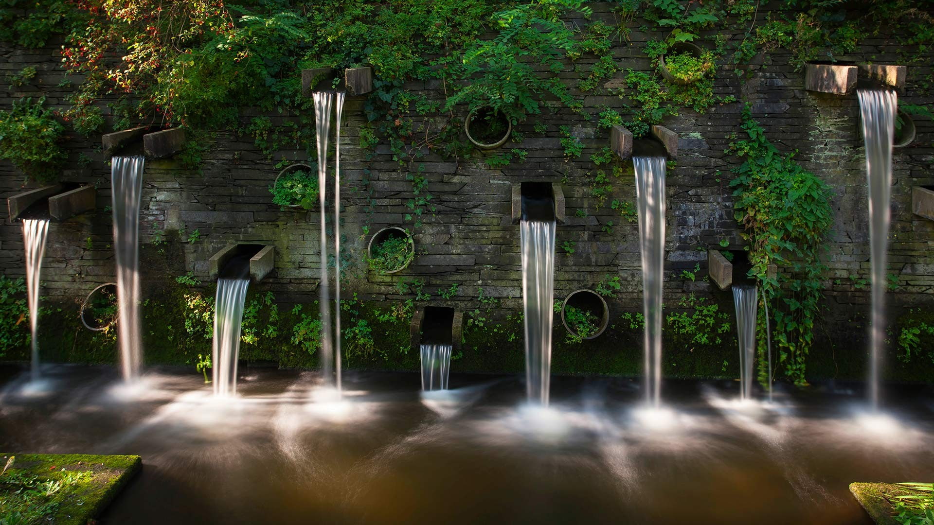 outdoors, no people, green color, fountain, architecture, plant, tranquility, sunlight, day, growth, building exterior, 1080P, architectural column, park - man made space, HD Wallpaper