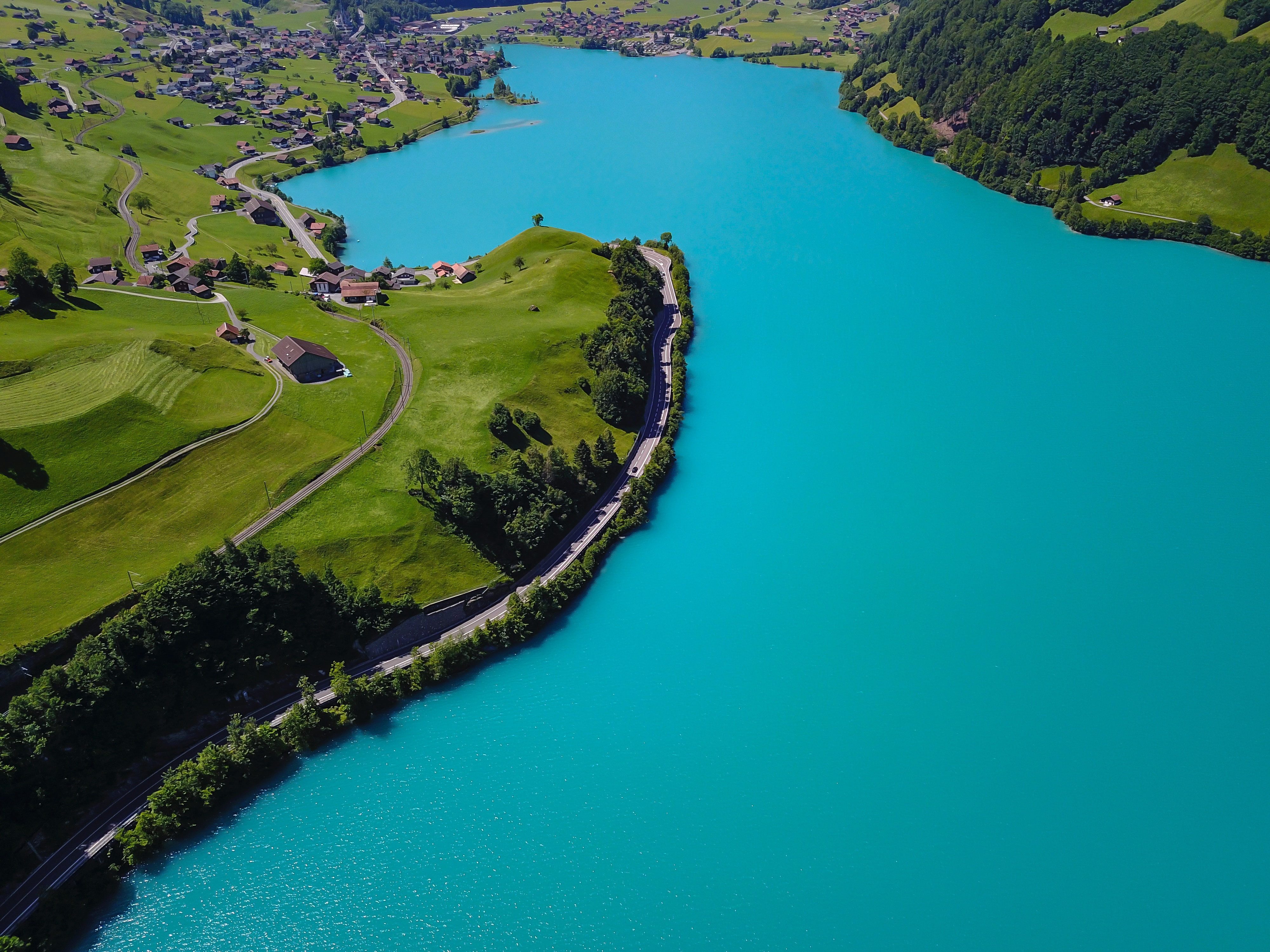 trees, lake, road, water, blue, Switzerland, 4K, aerial view, HD Wallpaper