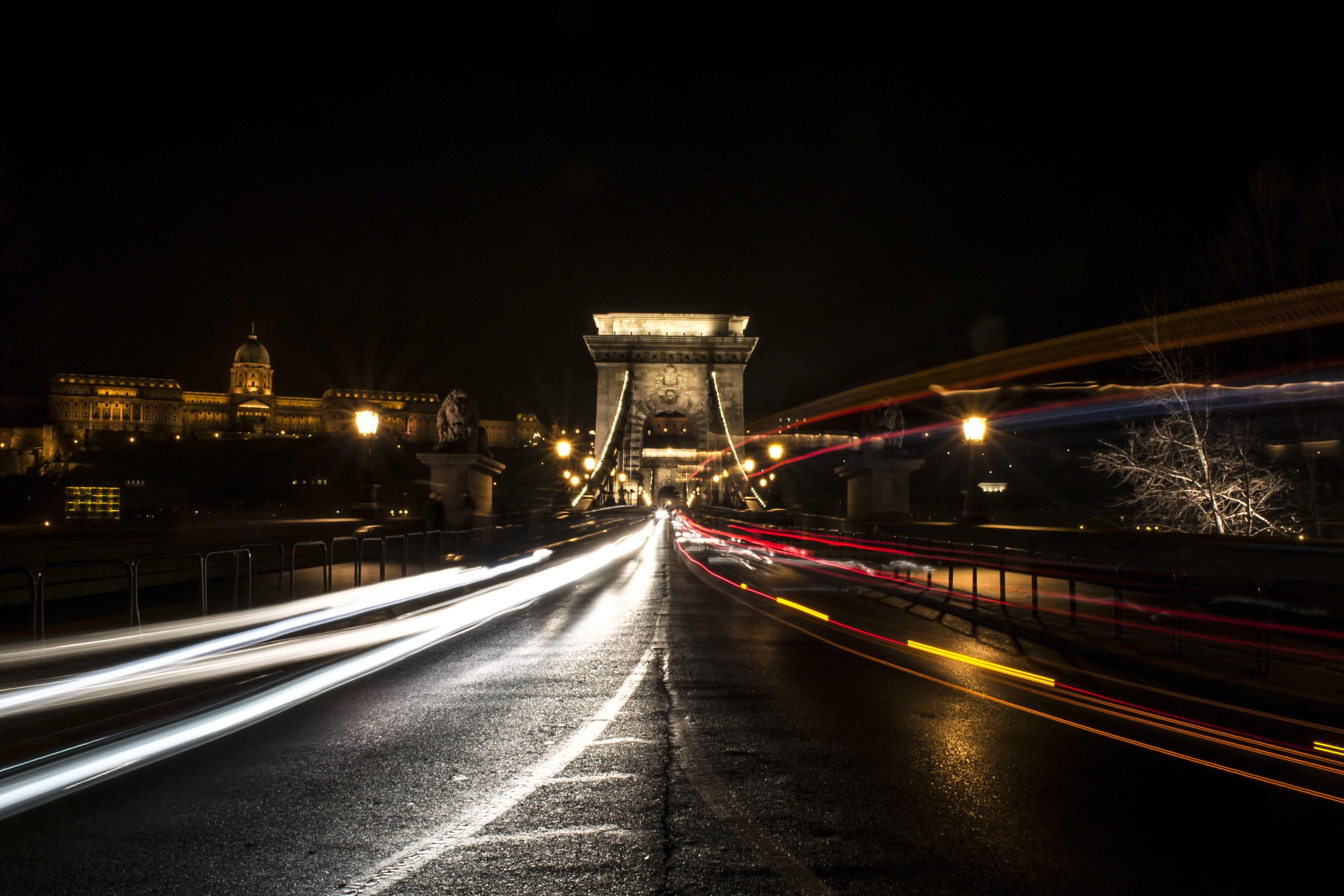 city, travel, diminishing perspective, road, europe, hungary, budapest, danube, timelapse, speed, chain bridge, near, architecture, traffic, light trail, HD Wallpaper