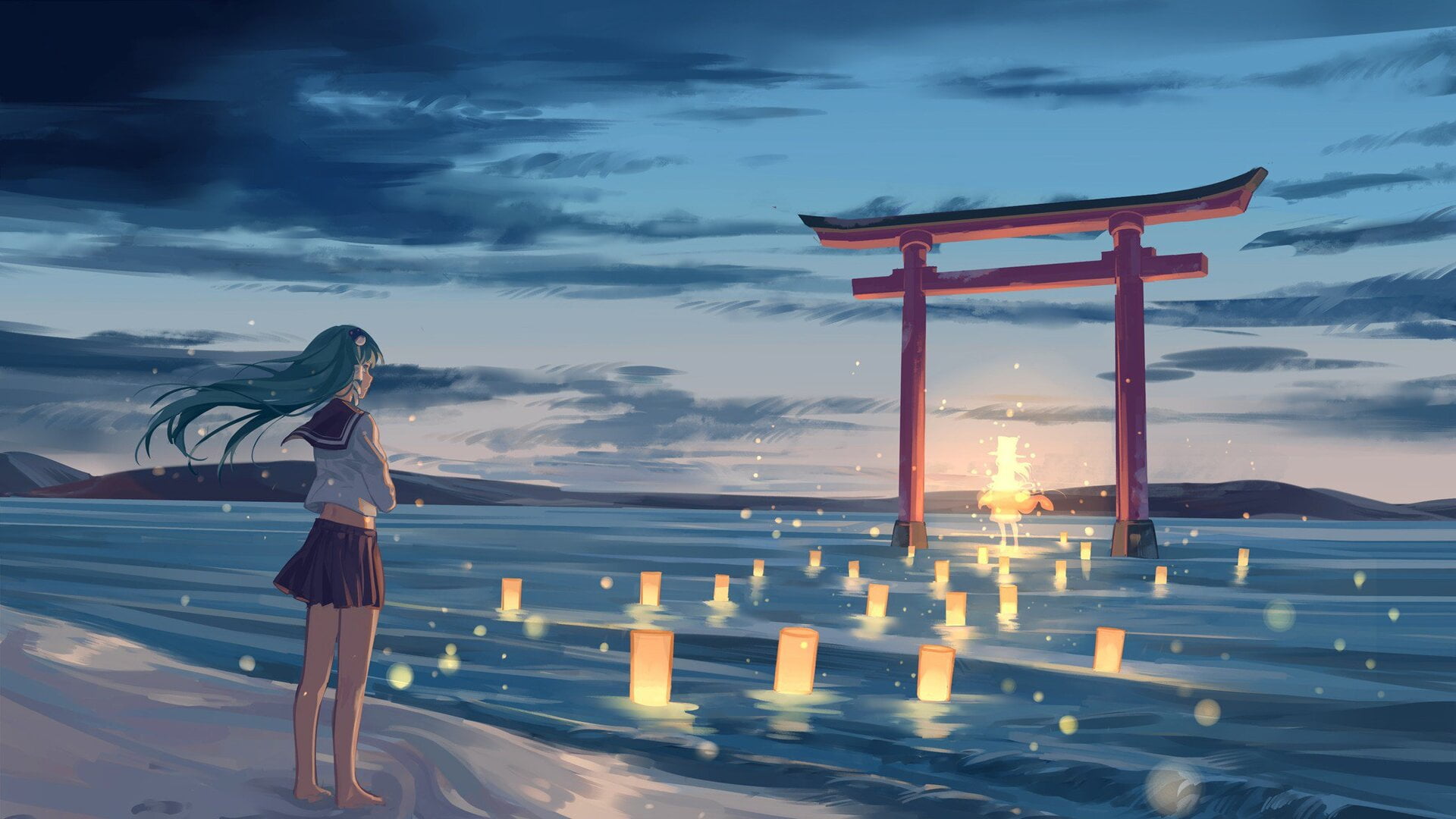 clouds, 1080P, digital art, shore, Shinto, water, HD Wallpaper