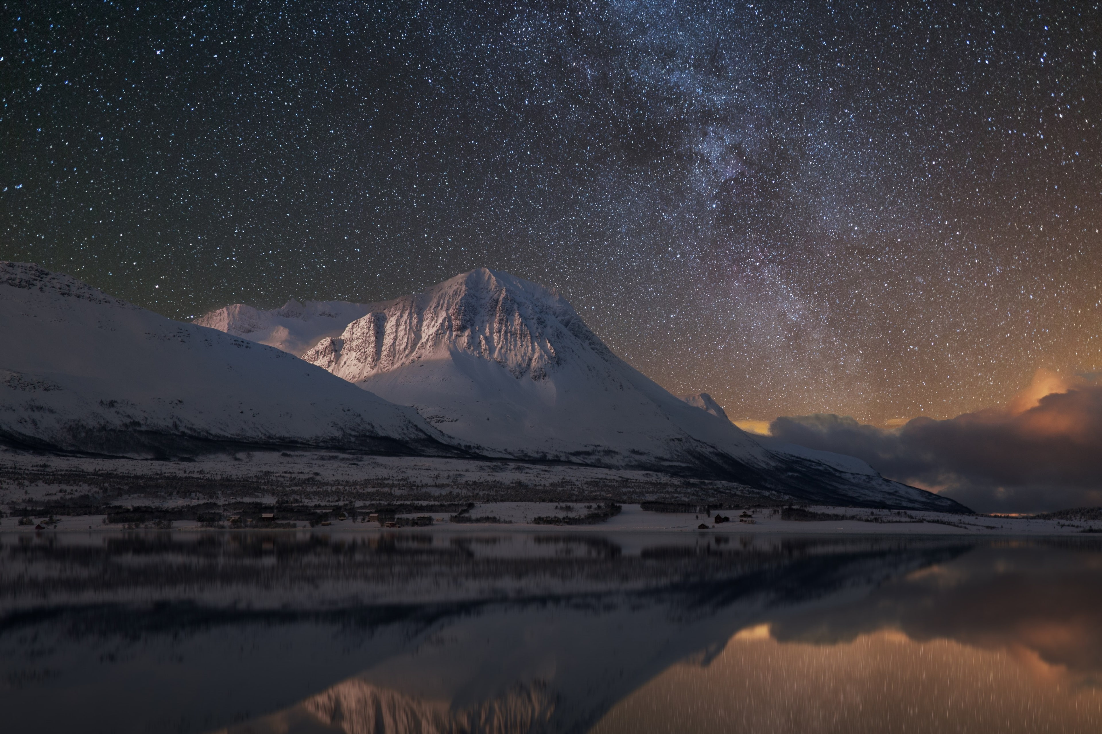 night, mountain 4k full hd, space and astronomy, water, winter, mountain range, mountain peak, snowcapped mountain, tranquility, snow, no people, 4K, nature, HD Wallpaper