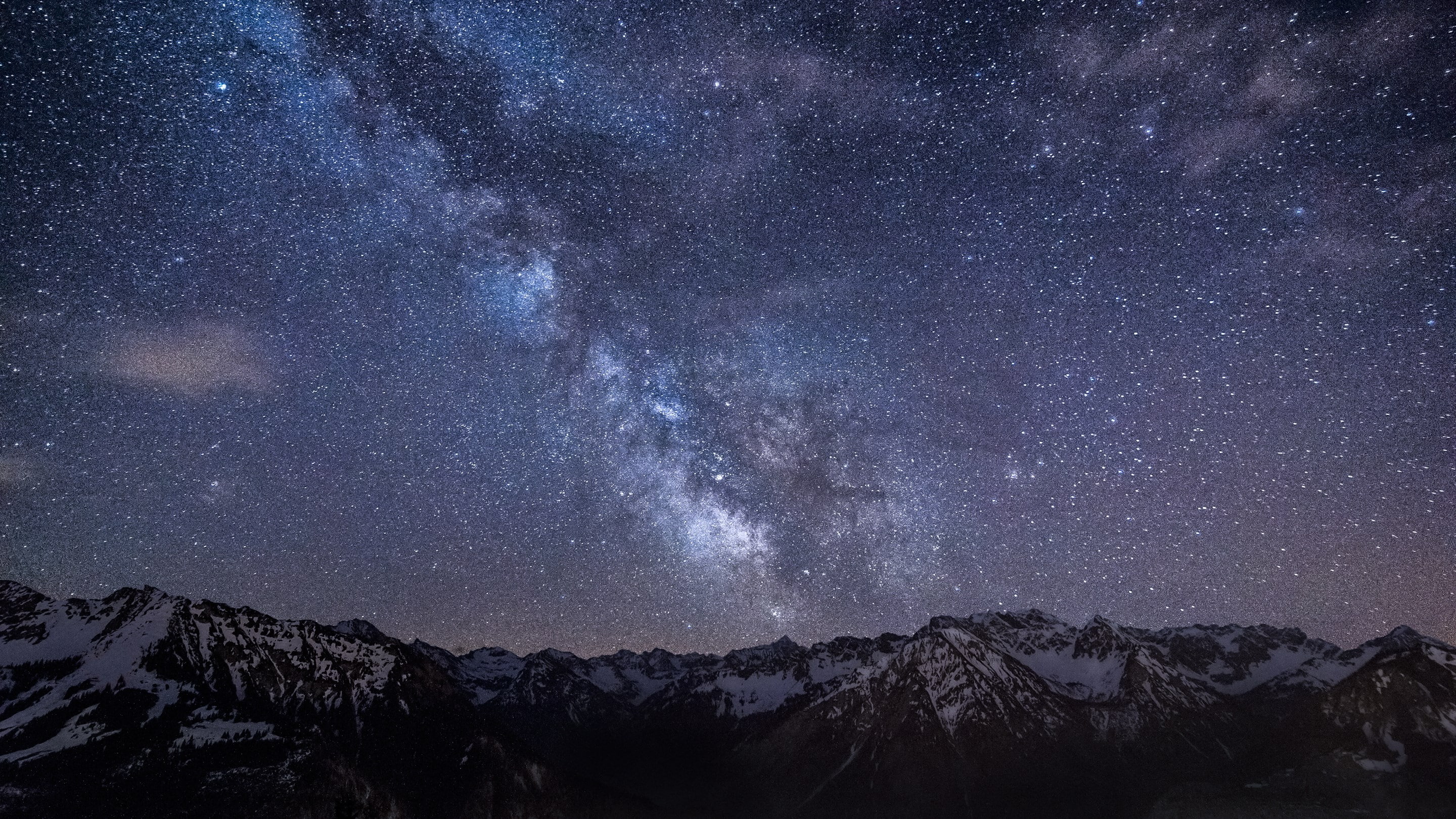 nature, no people, mountain, tranquility, environment, 2K, outdoors, winter, sky, mountain peak, snow, galaxy, tranquil scene, milky way, beauty in nature, HD Wallpaper