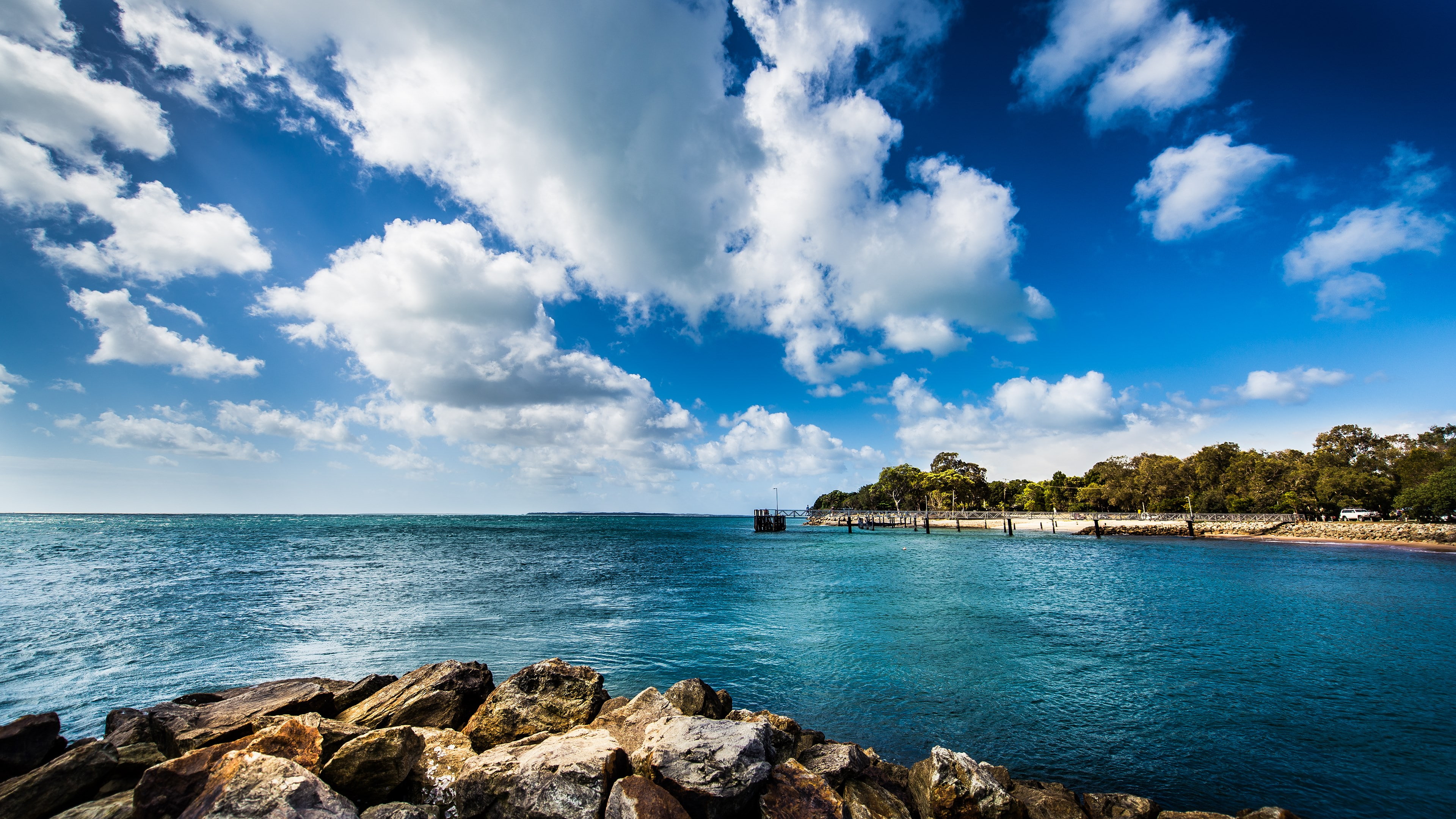tranquility, solid, beauty in nature, land, bay, no people, idyllic, rock, sky, 4K, horizon over water, nature, outdoors, horizon, scenics - nature, lagoon, HD Wallpaper