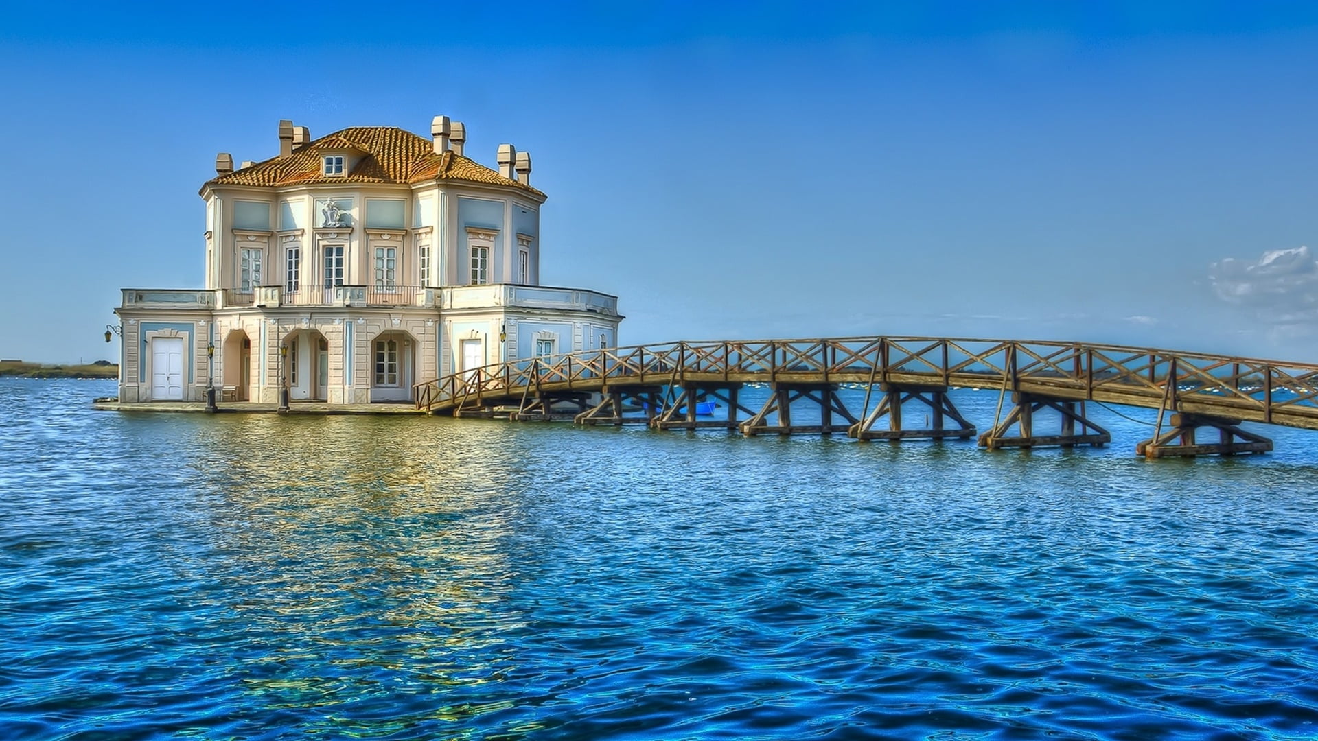 house, lake Fusaro, Italy, Campania, bridge, lake, 1080P, sky, Casina, Naples, HD Wallpaper