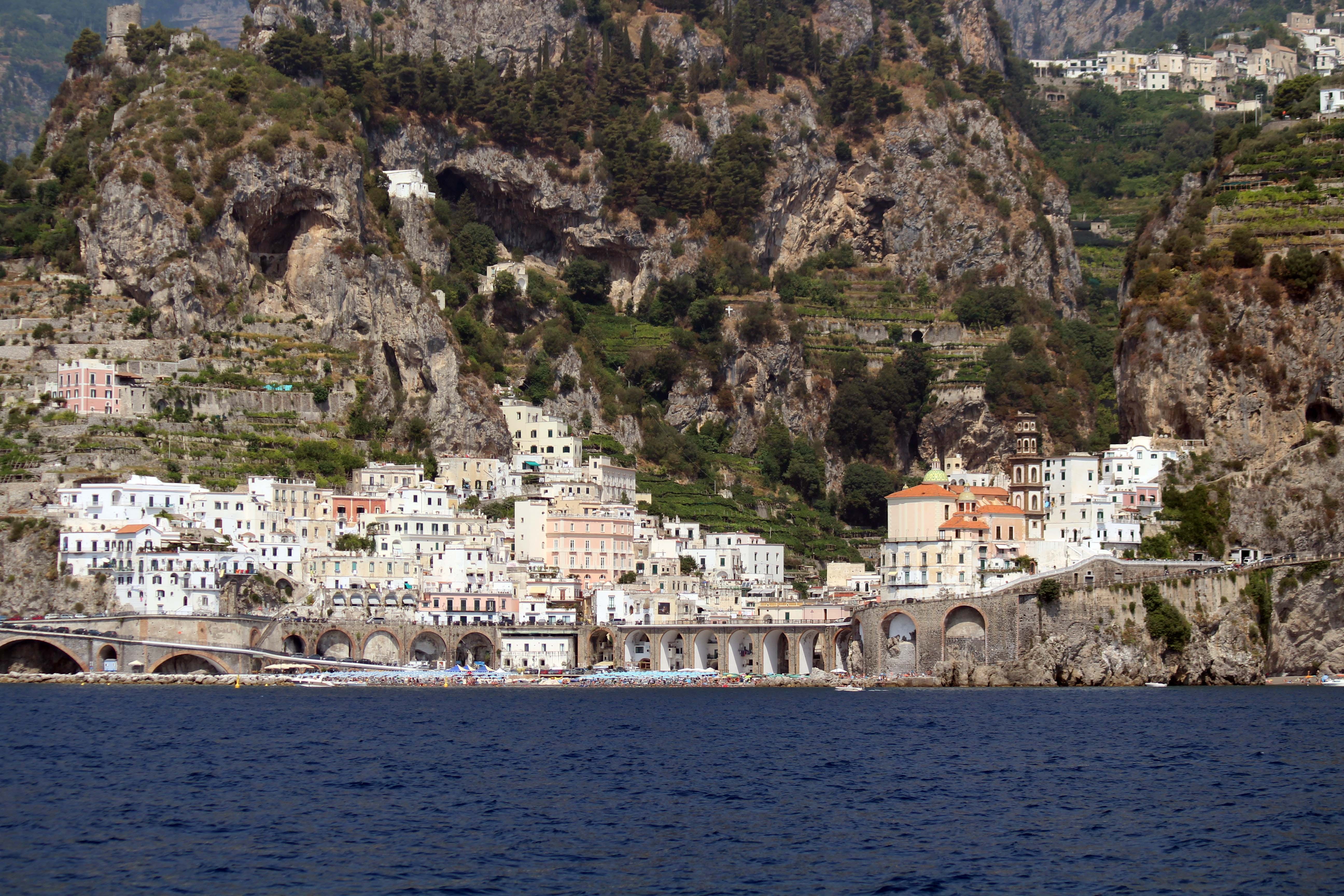 water, travel destinations, built structure, city, cliff, land, campania, amalfi coast, nature, waterfront, 5K, atrani, contemplation, building, sea, no people, HD Wallpaper