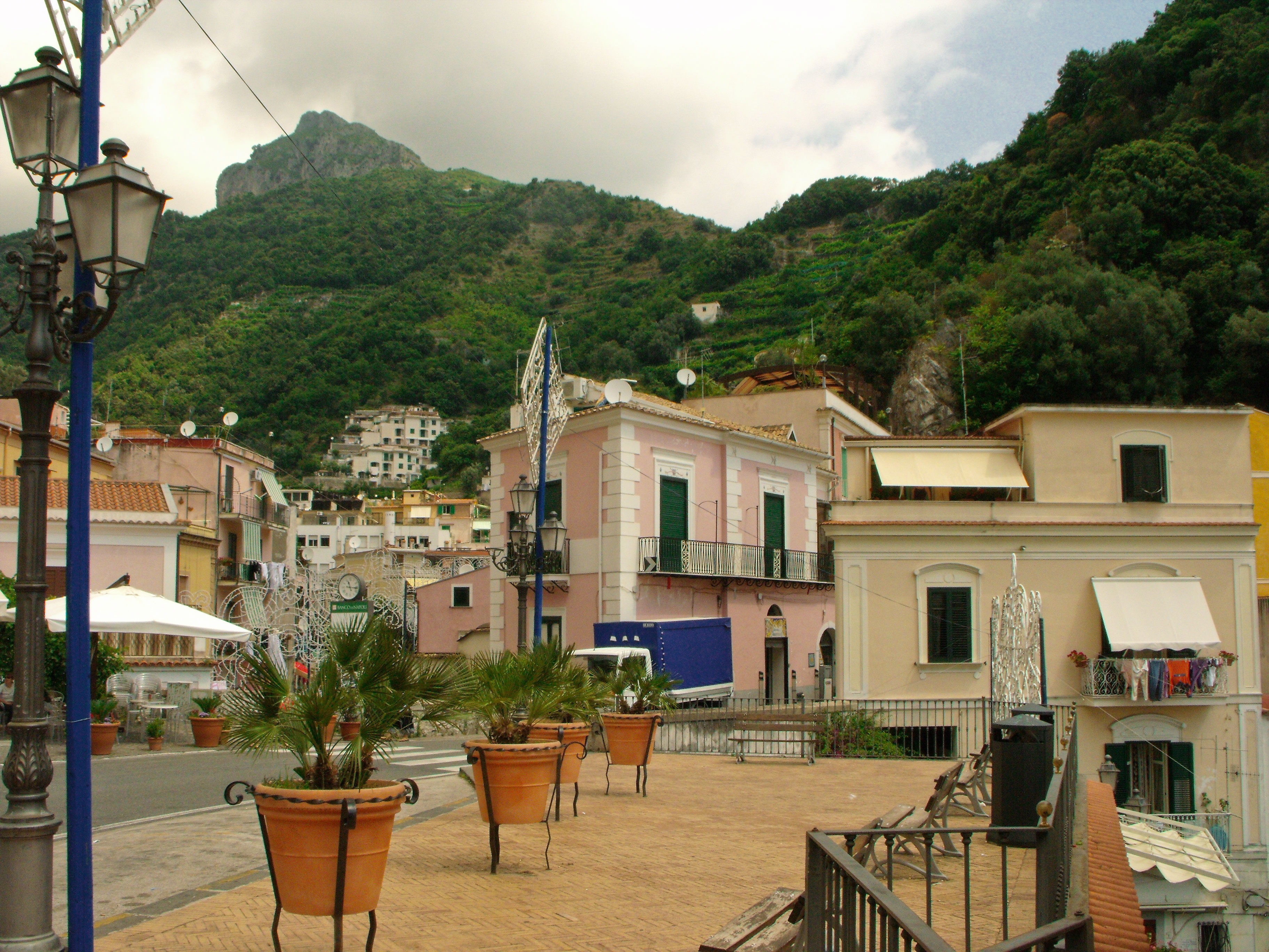 campania, no people, cetara, day, mountain, outdoors, potted plant, house, built structure, plant, growth, city, table, costiera, townscape, sky, town, HD Wallpaper