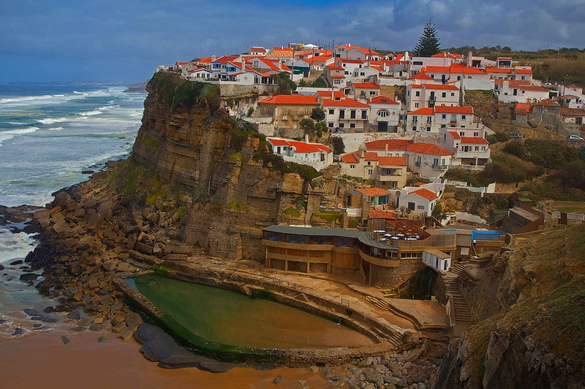 Portugal, rock, home, sea, Azenhas do Mar, 1080P, Lisbon, HD Wallpaper
