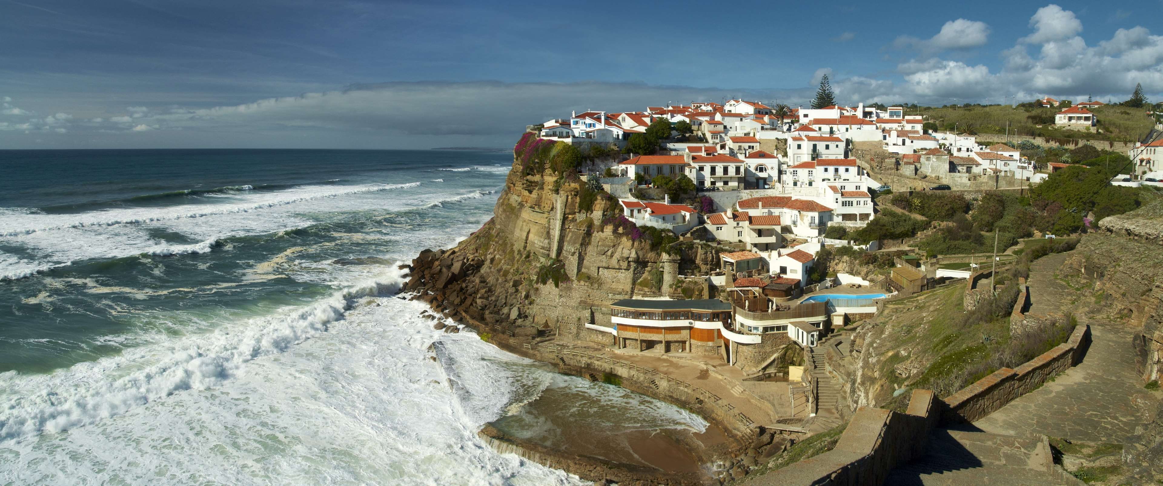 ocean, motion, building exterior, building, lisbon, beauty in nature, mar, seaside, azenhas do mar, city, landscape, scenics - nature, high angle view, HD Wallpaper
