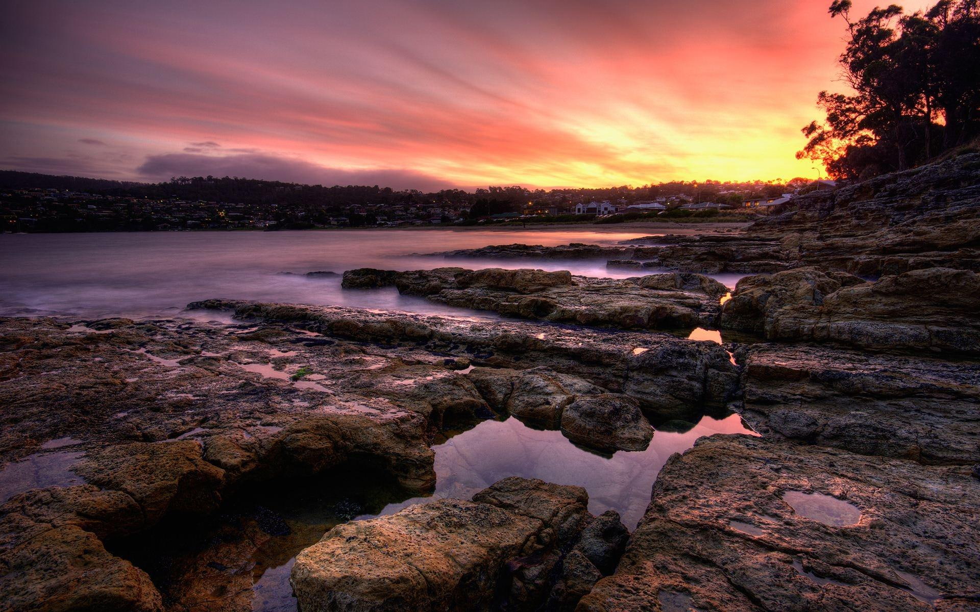 rocks, sunset, town, coastal, 1080P, nature and landscapes, coast, HD Wallpaper