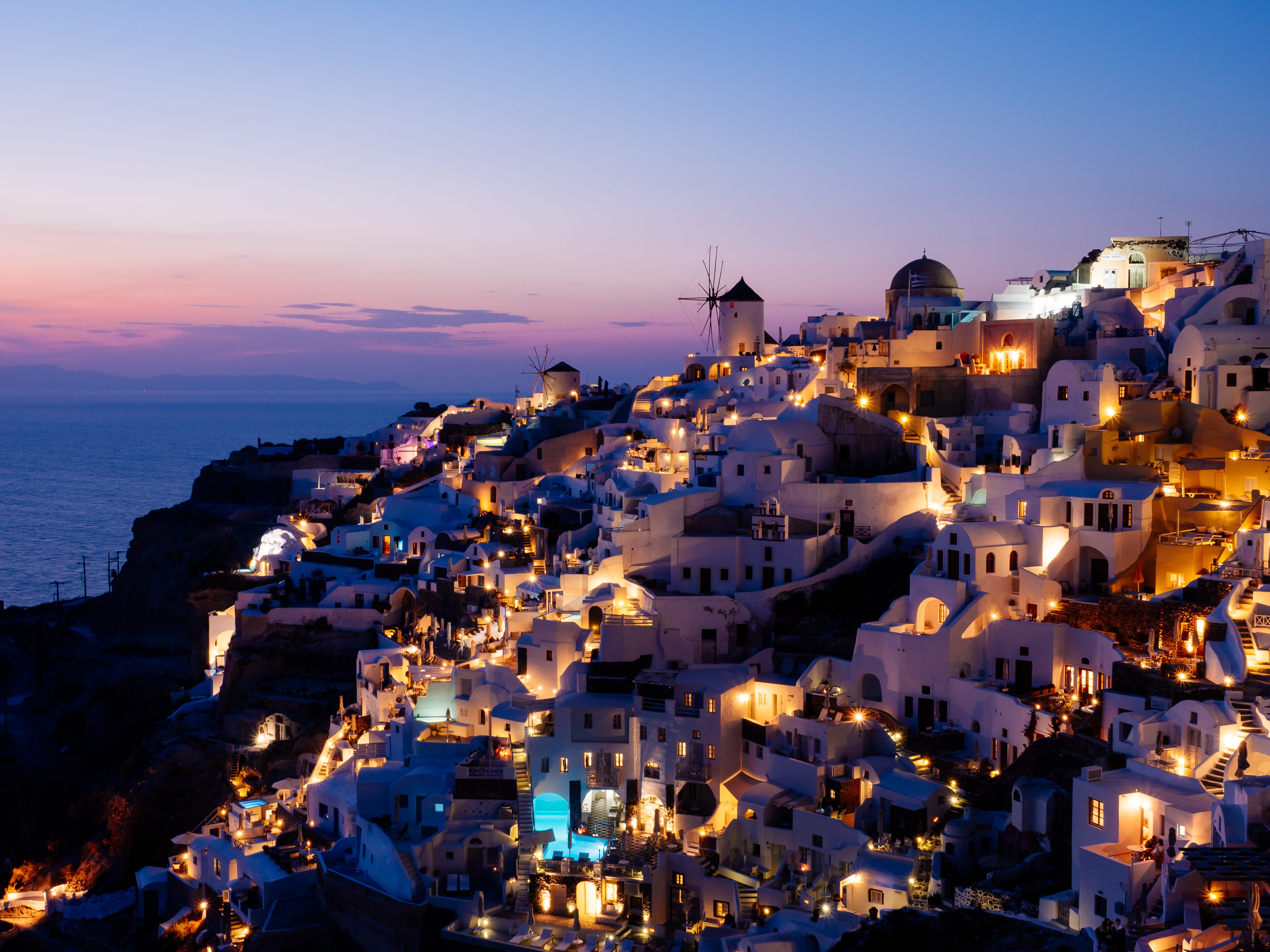 houses, orange, sea, open, greek, night, lights, outdoors, light, building, travel destinations, sun, concrete, coatal town, coastal city, illuminated, HD Wallpaper