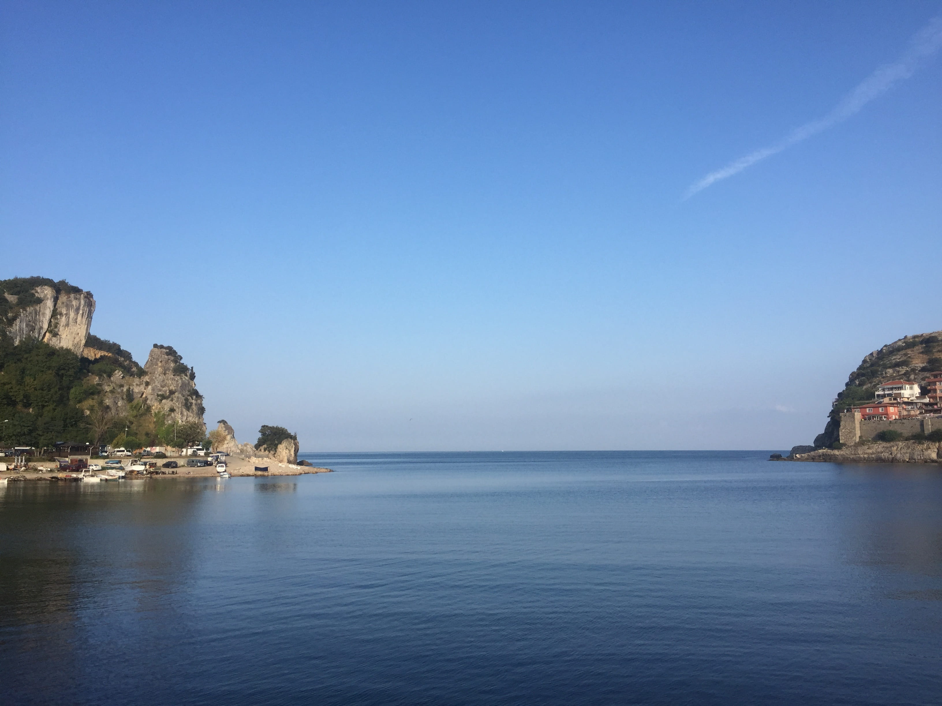 water, sea, tranquil scene, built structure, architecture, village, black sea, no people, amasra, sky, coastal, clear sky, marine, beauty in nature, blue, HD Wallpaper