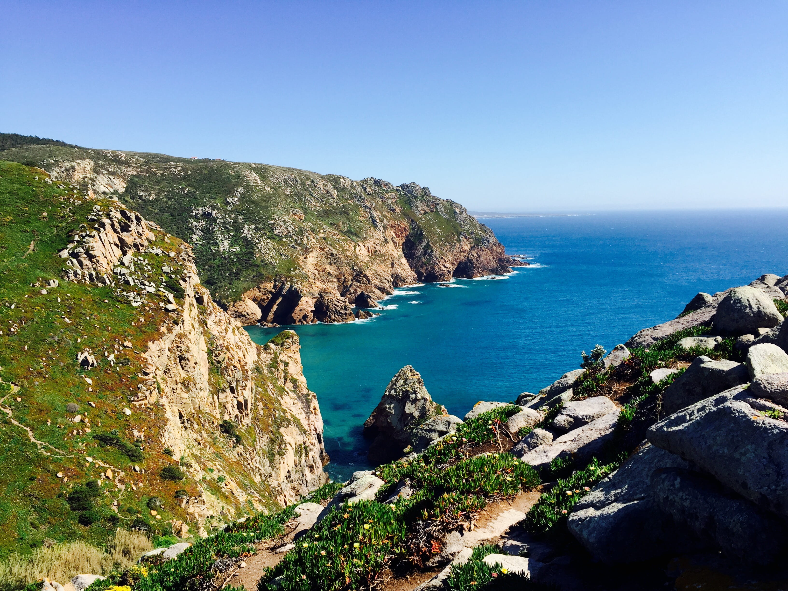 nature, beauty in nature, portugal, scenics - nature, ocean, land, rocky coastline, clear sky, cabo da roca, day, cabodaroca, rock - object, colares, bay, HD Wallpaper