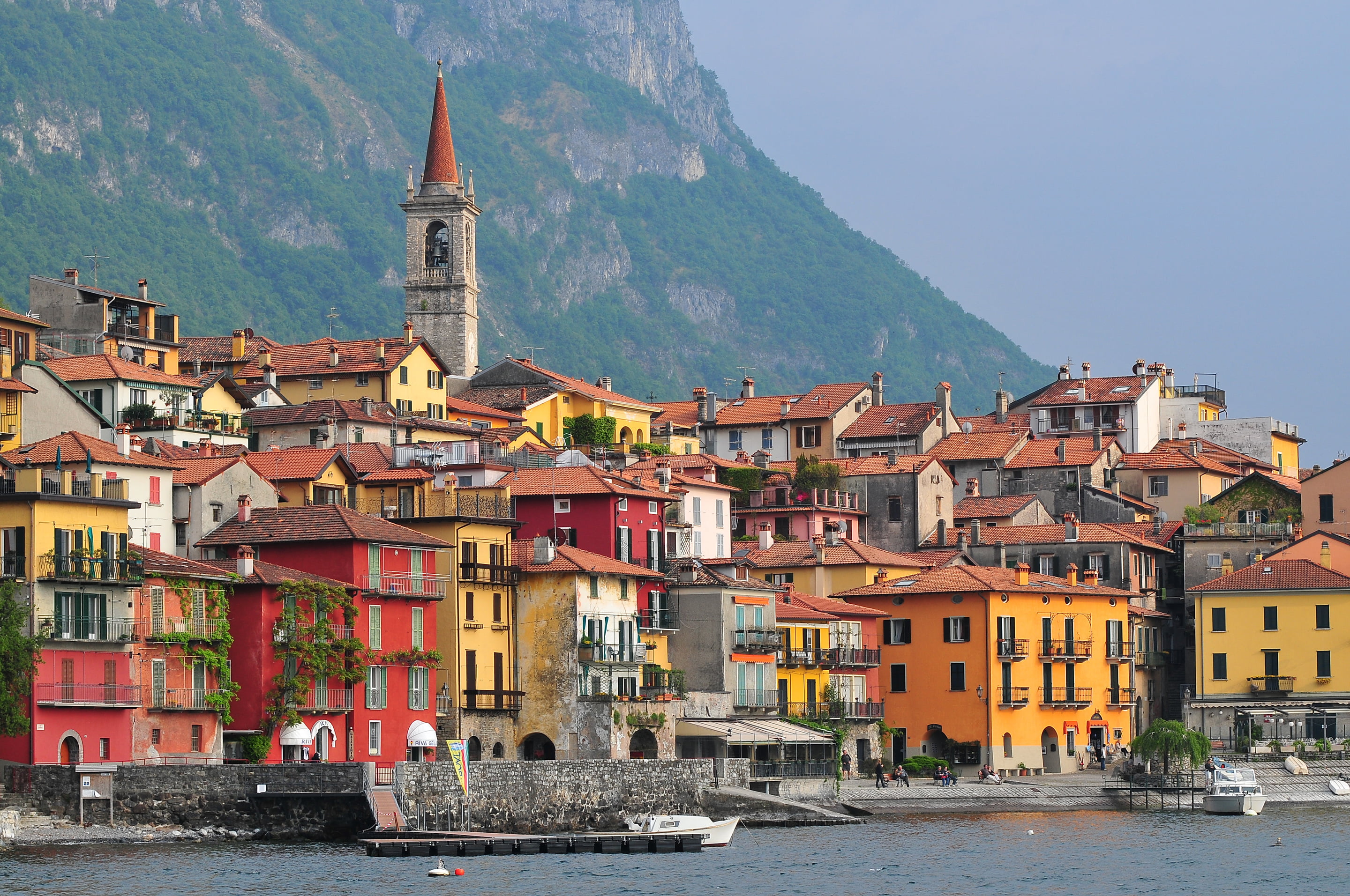 Varenna, no people, building, mountains, day, nautical vessel, religion, outdoors, Italy, sea, mountain, built structure, transportation, architecture, HD Wallpaper