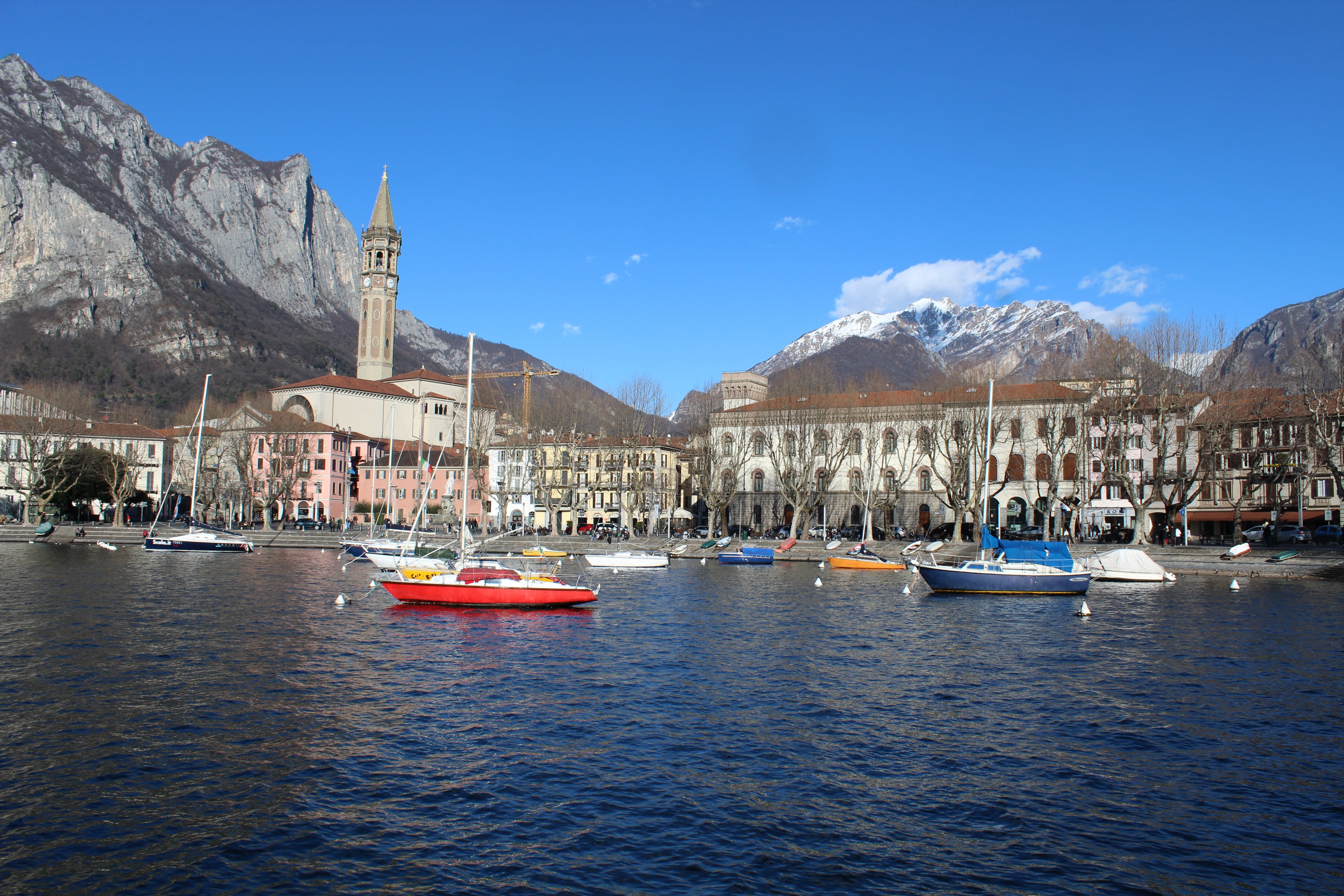 mountain, lecco, city, lombardy, sailboat, nature, panorama di lecco, building exterior, travel destinations, 5K, no people, italy, day, lake como, mode of transportation, HD Wallpaper