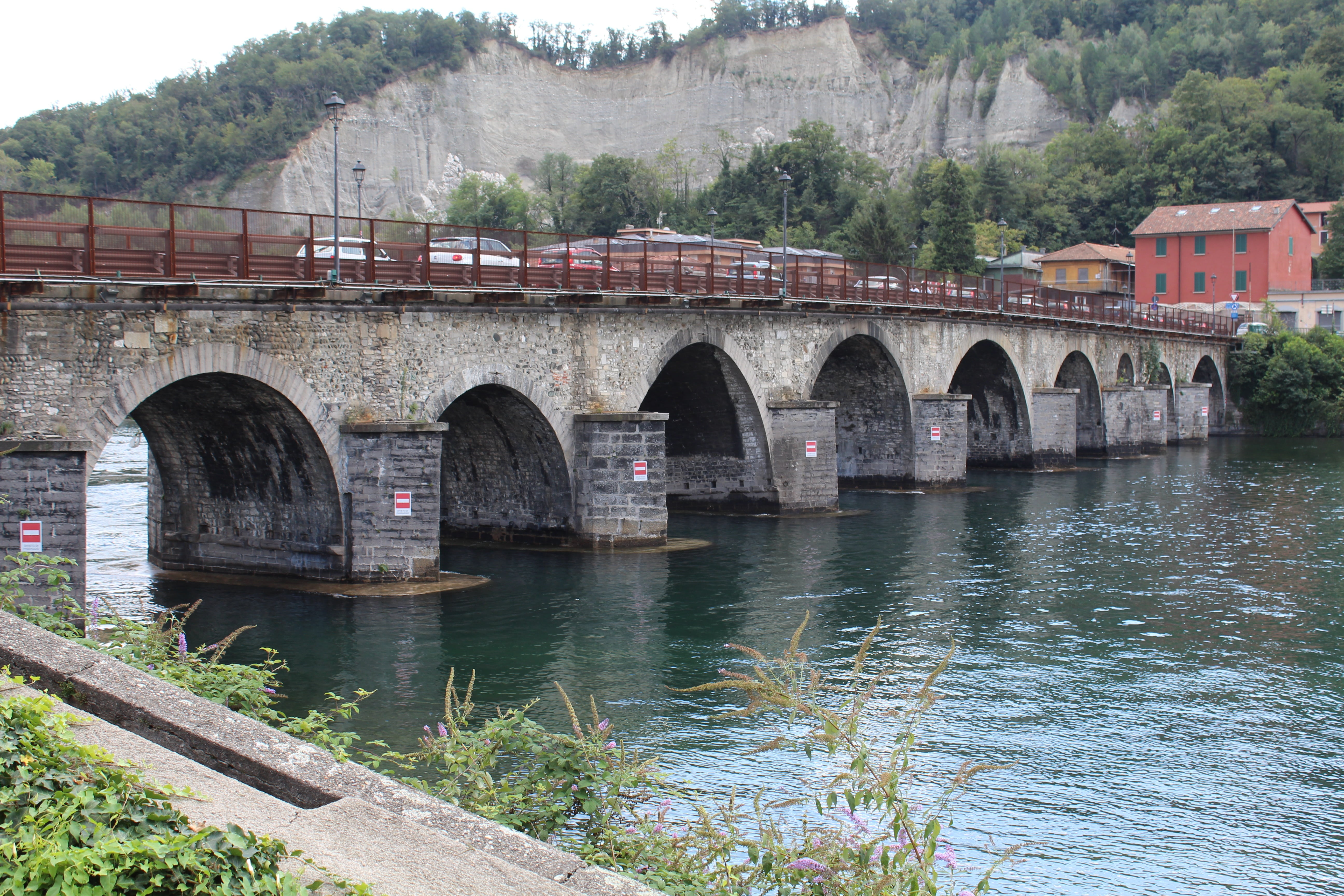 old, rail transportation, historian, architecture, outdoors, bridge azzone visconti, lombardy, day, water, plant, bridge - man made structure, italy, railway bridge, HD Wallpaper