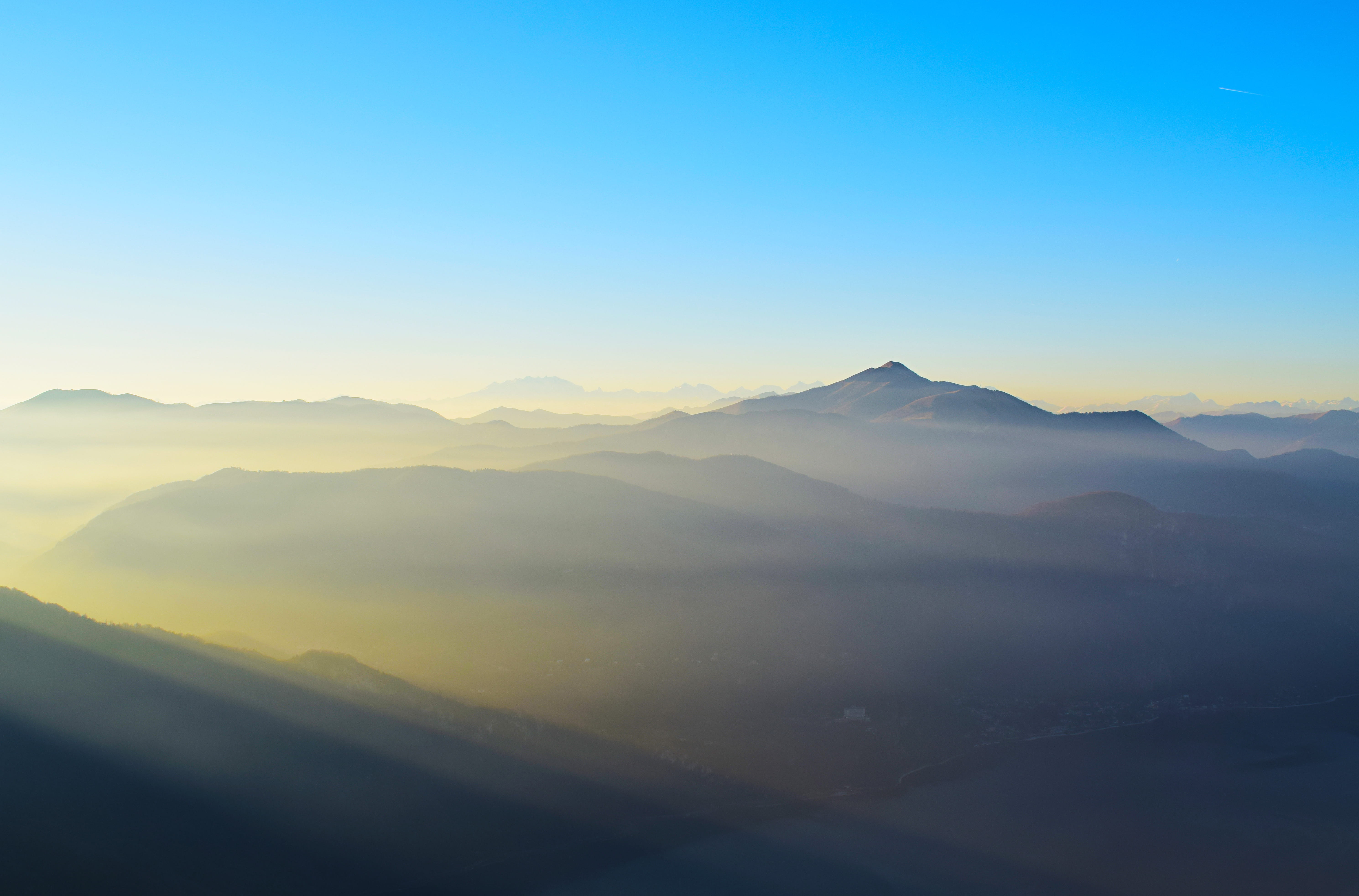 italy, tranquil scene, dawn, beauty in nature, blue, mist, sunset, tranquility, clear sky, idyllic, outdoors, majestic, mountains, mountain range, environment, HD Wallpaper
