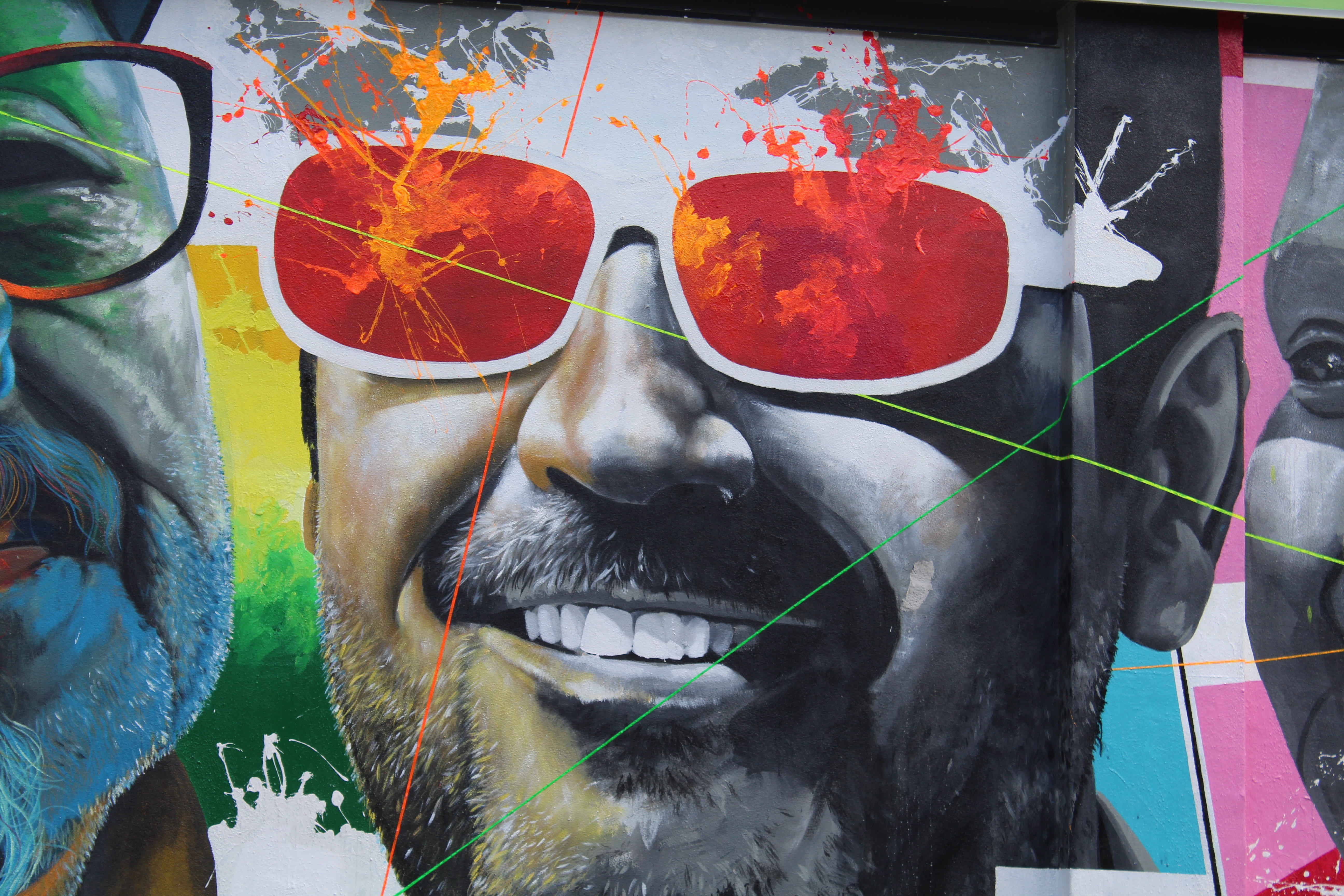 vertebrate, man, street art, closeup, mammal, human face, pets, water, expression, animal mouth, dog, 5K, mouth open, face, wearing, murals, close-up, HD Wallpaper