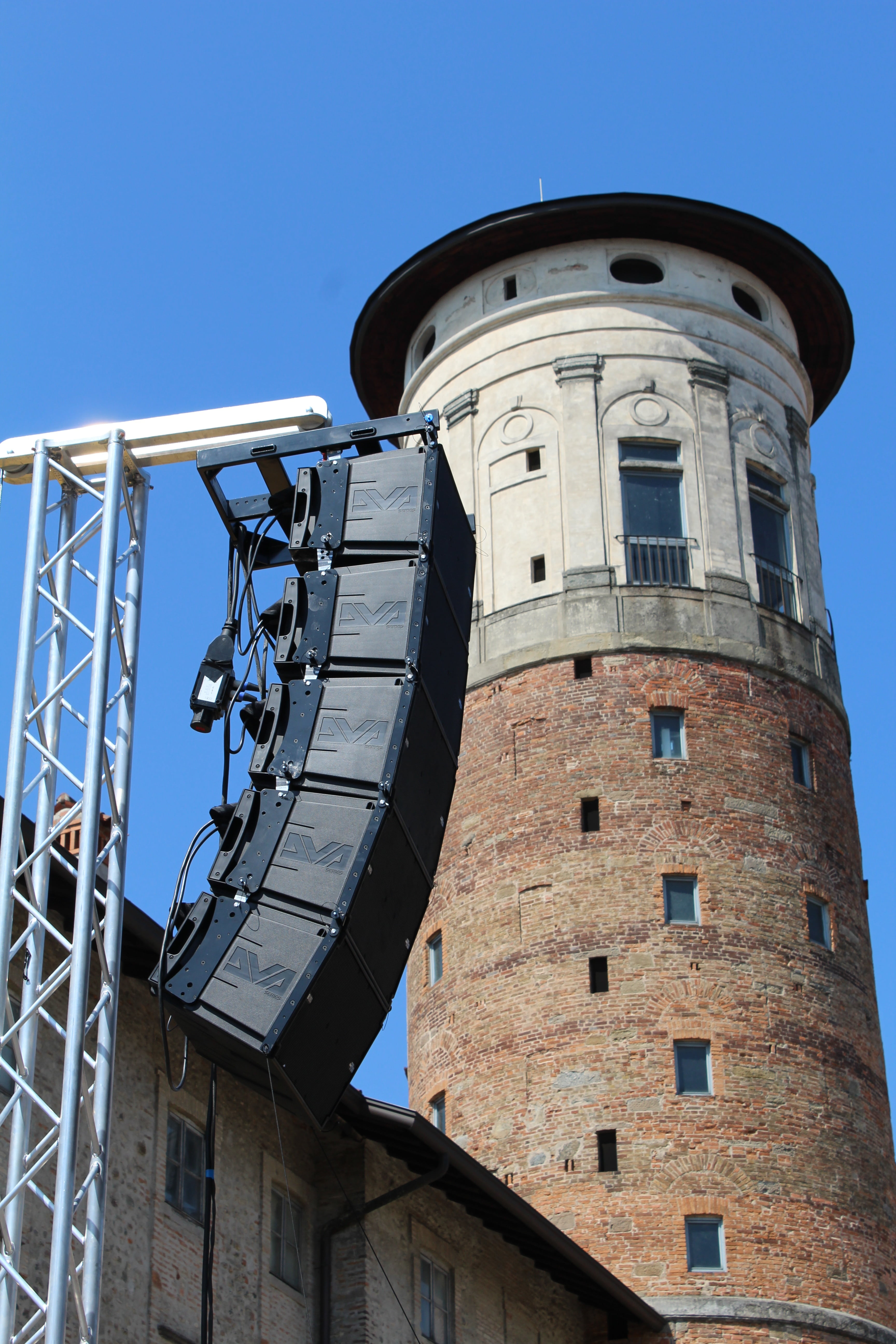 speaker, tourism, sunlight, tower of merate, lombardy, no people, low angle view, sky, 5K, lecco, blue, music, torre, palazzo prinetti, old, built structure, Phone HD Wallpaper