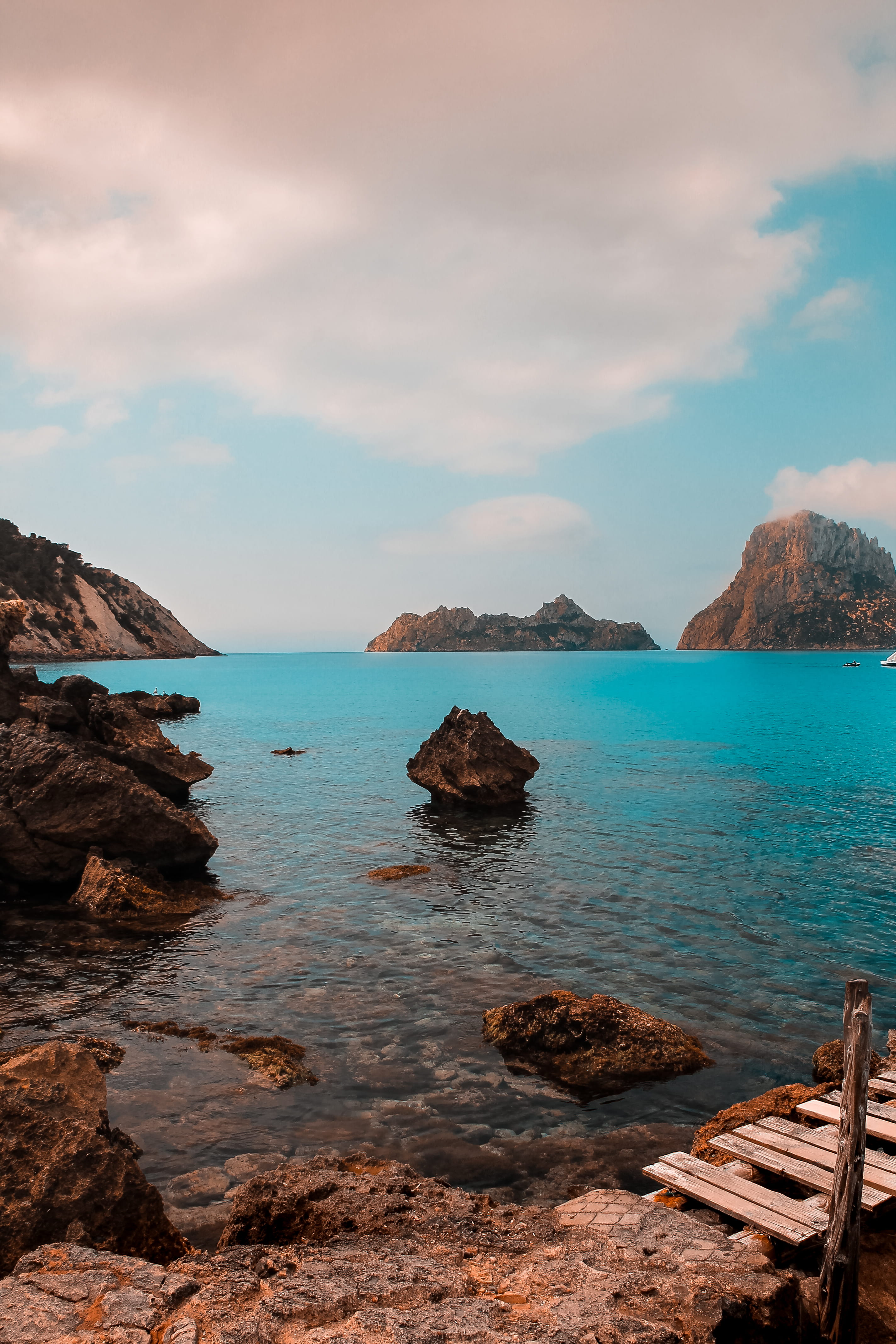 rock - object, no people, beauty in nature, rocky coastline, nature, travel, water, day, solid, Ibiza, horizon over water, spain, 4K, sky, horizon, sea, Phone HD Wallpaper