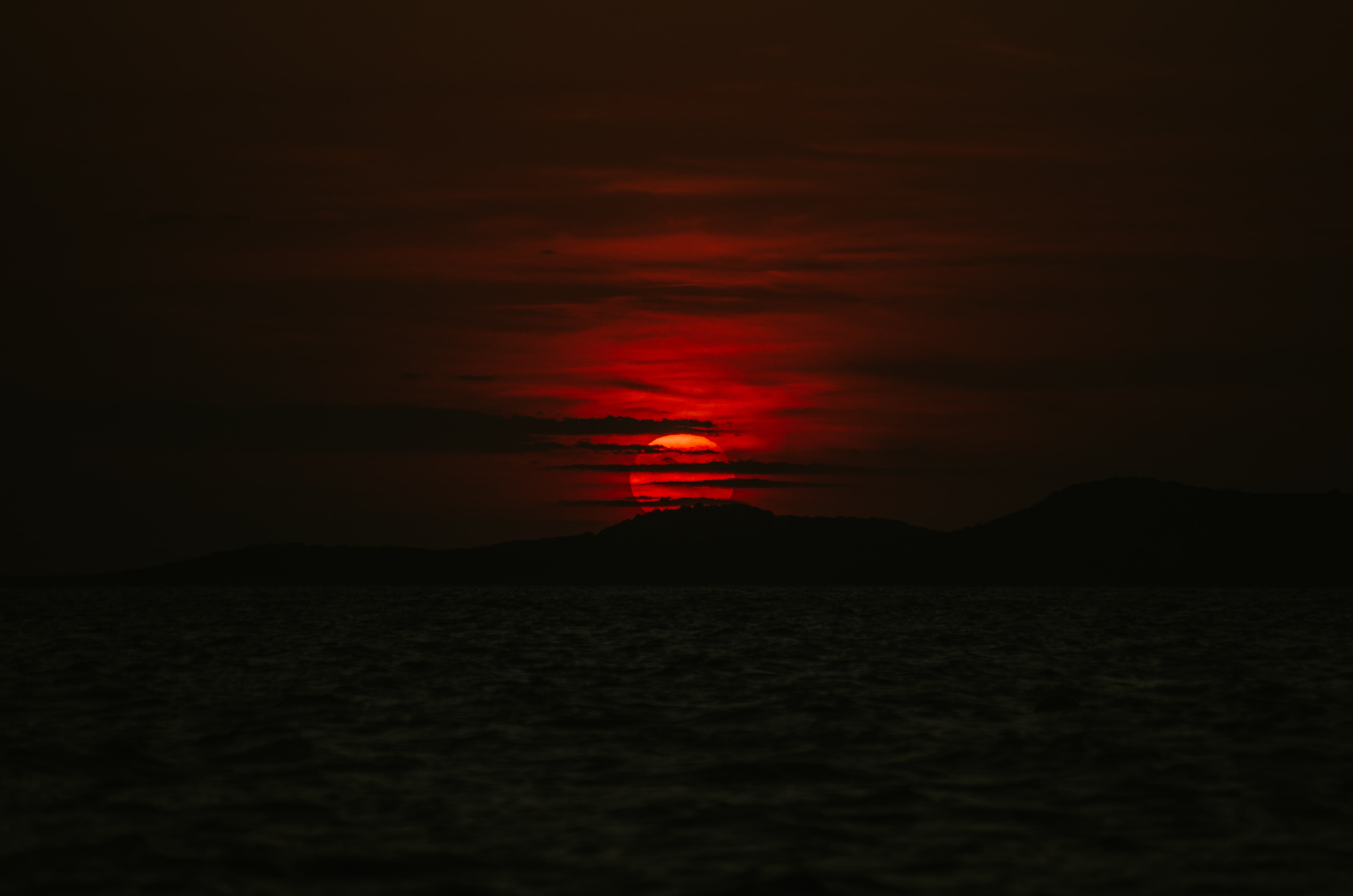 4K, sea, sunset, Sun, mountains, Ibiza, red sun, outdoors, dark, HD Wallpaper