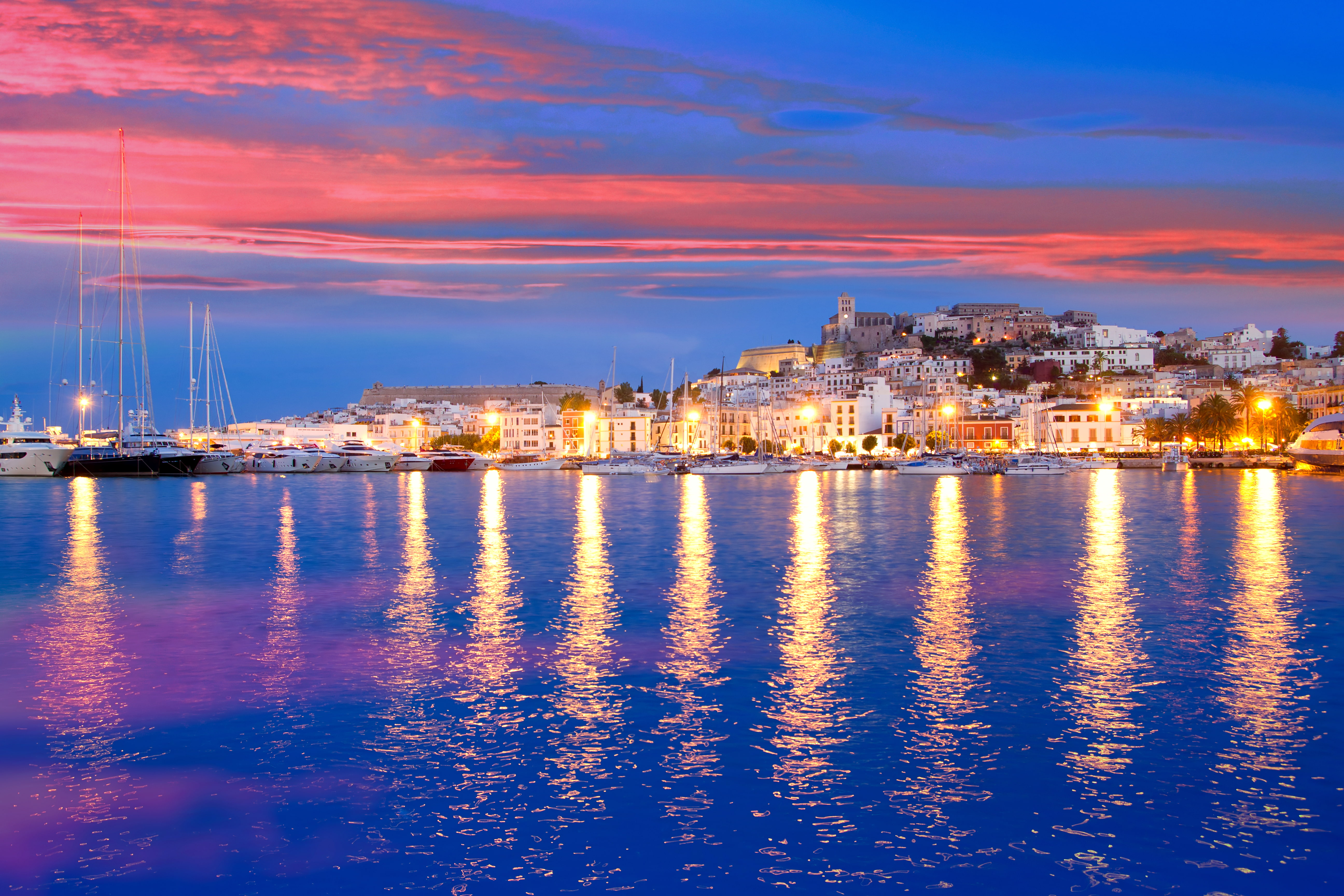 Eivissa, city, water, sea, building, Ibiza, lights, body, 5K, piers, shore, home, near, yachts, Spain, sunset, HD Wallpaper