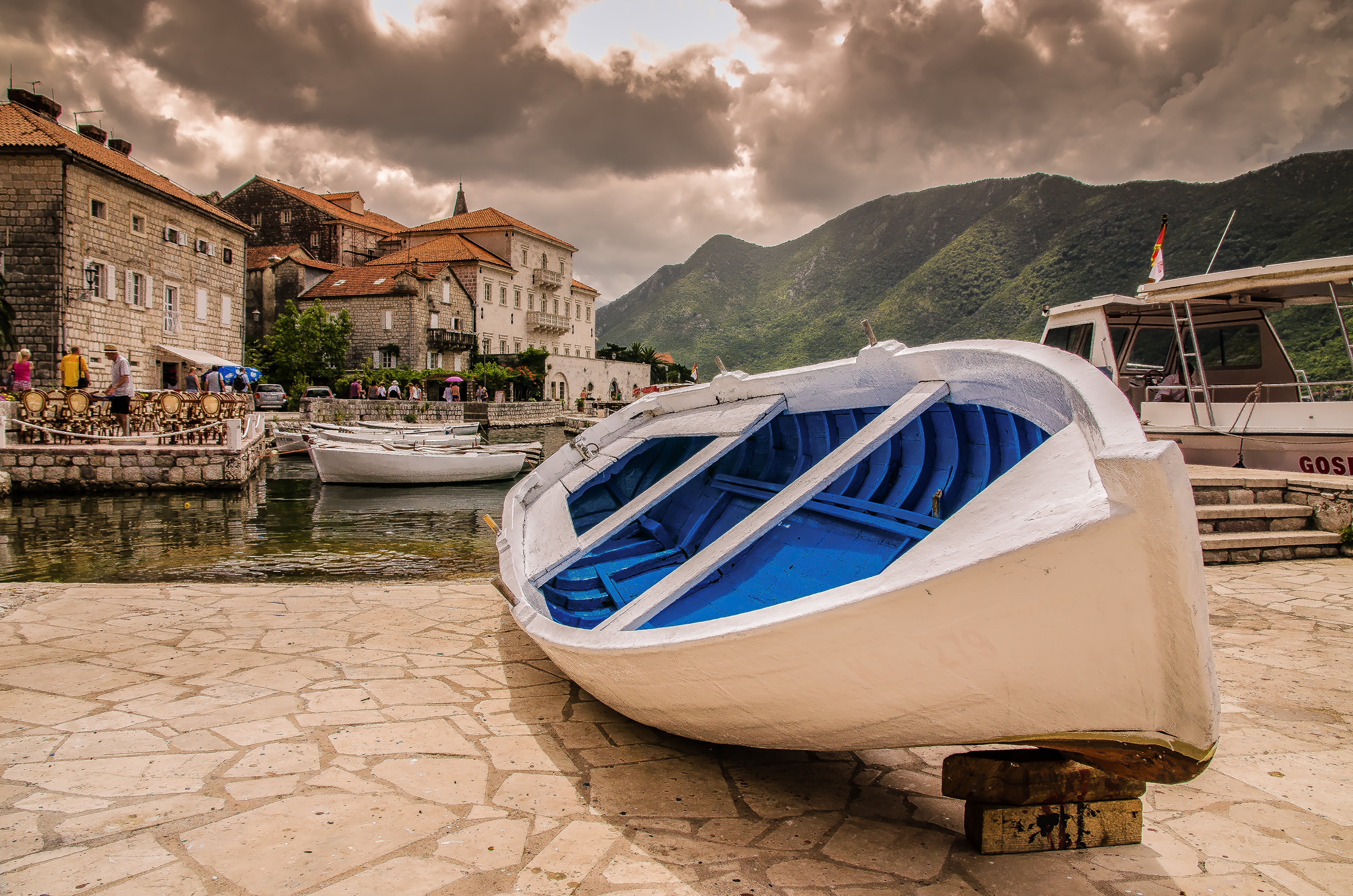 outdoors, cloud - sky, 4K, mode of transportation, canoe, travel destinations, transportation, city, coastline, canal, harbor, building exterior, bay of kotor, HD Wallpaper